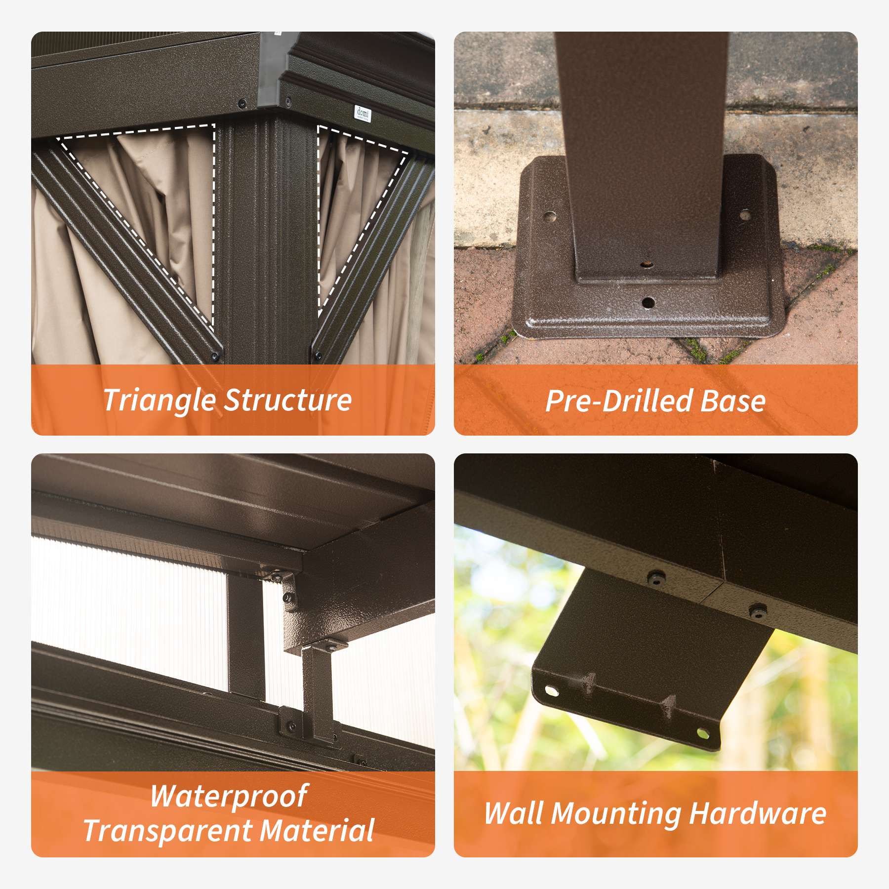 Hardtop Wall Mounted Gazebo with Sloping Galvanized Steel Roof, Aluminum Frame, Drainage System, Curtains and Netting, for Patio, Deck, Garden, Backyard