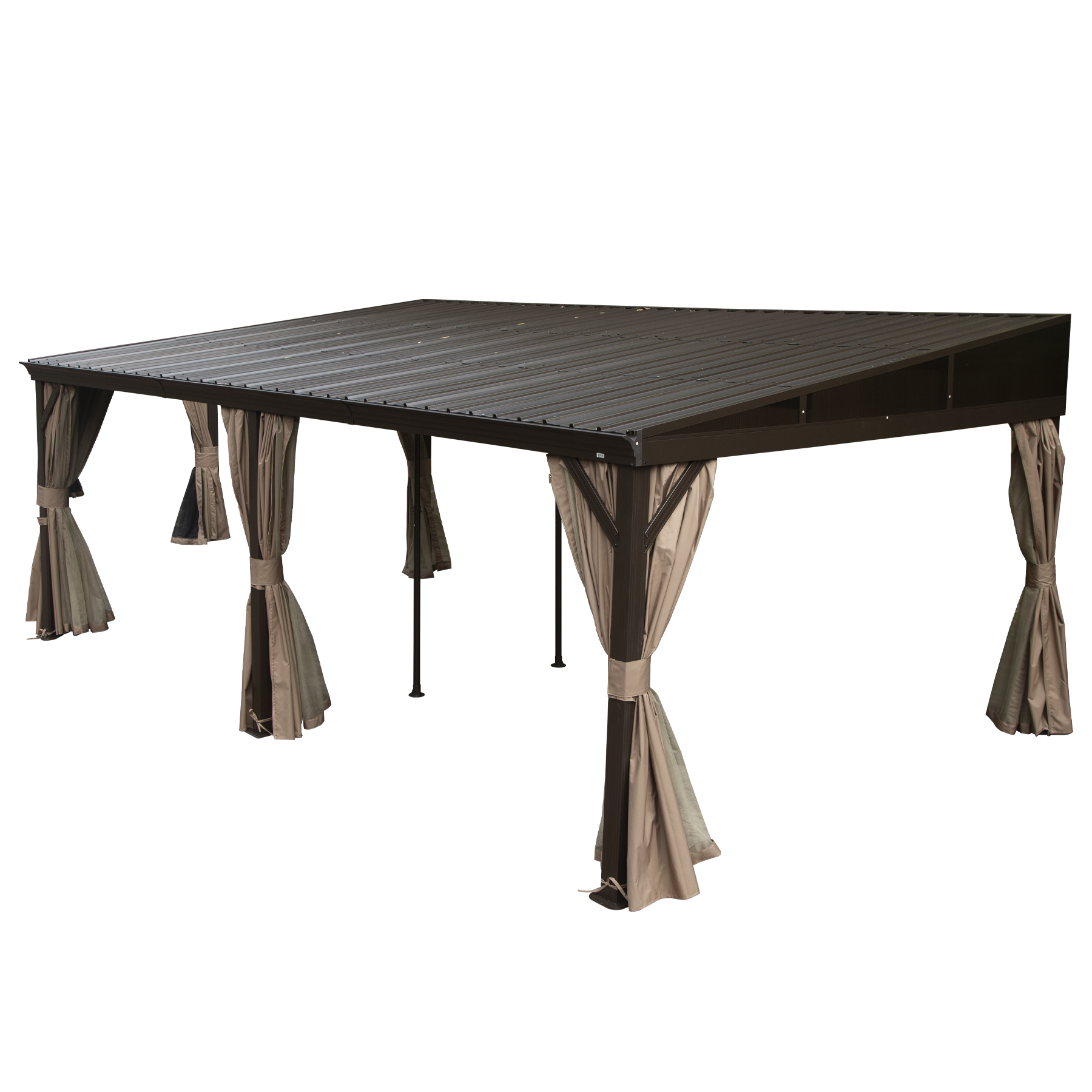 Hardtop Wall Mounted Gazebo with Sloping Galvanized Steel Roof, Aluminum Frame, Drainage System, Curtains and Netting, for Patio, Deck, Garden, Backyard