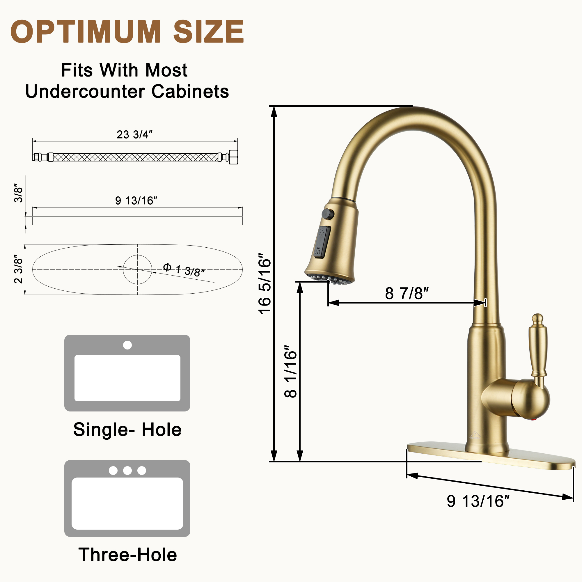 Single Handle Pull-Down Sprayer Kitchen Faucet with Three-function Pull out Sprayer head, Deckplate in Brushed Gold/Brushed Nickel/Matte Black/Matte White