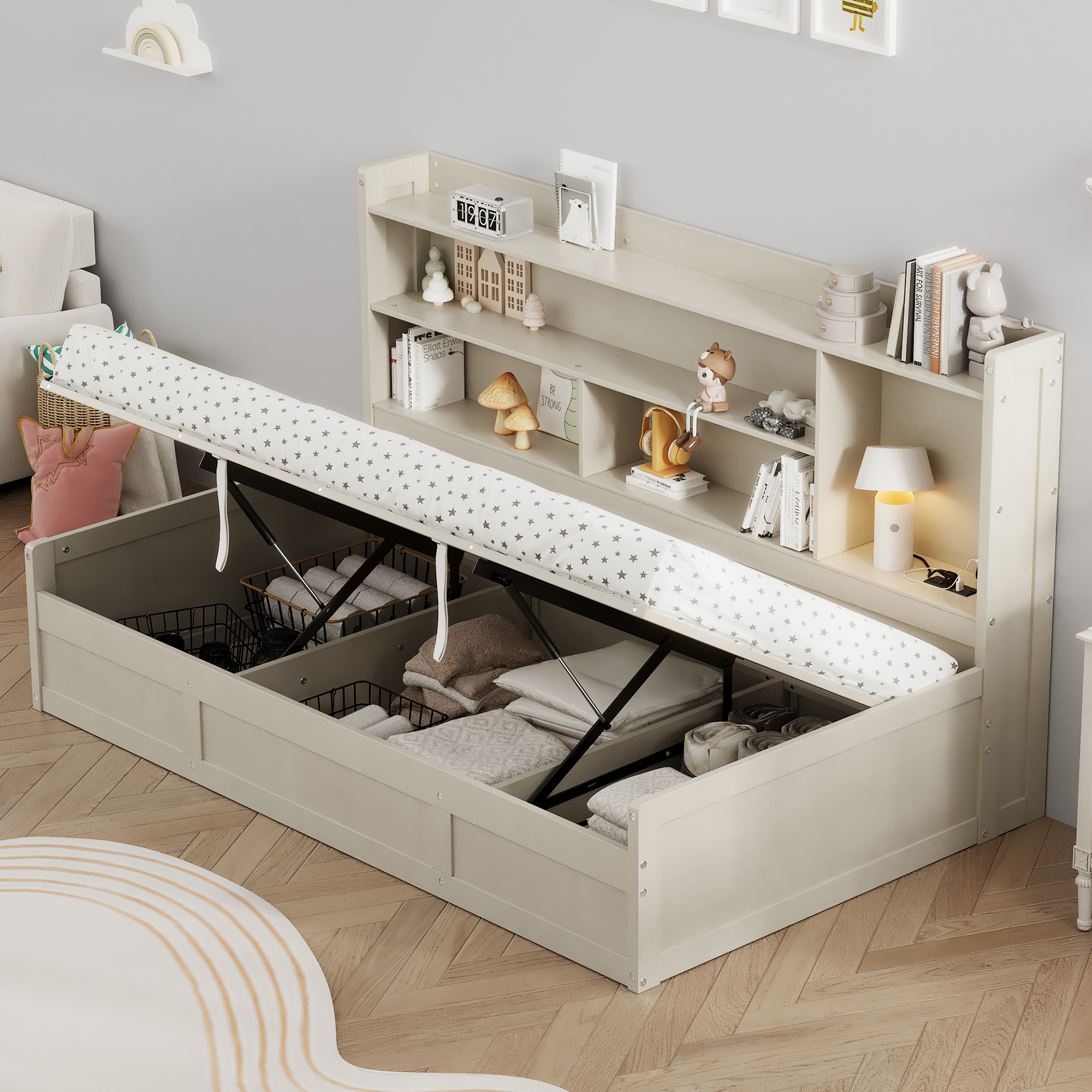 Twin Size Daybed Frame with Storage Bookcases and Underneath Storage, USB Charging Station, White/Gray 