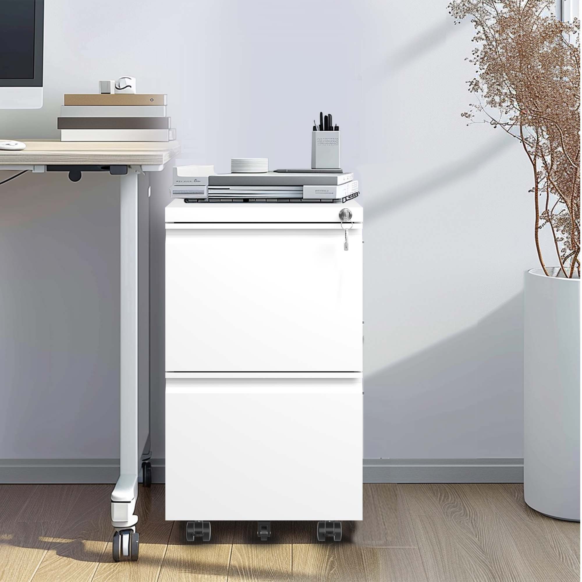 2 Drawer Metal  Mobile File Cabinet, Rolling File Cabinet with Lock for Hanging Legal/Letter/A4 Size,Fully Assembled Except Wheels