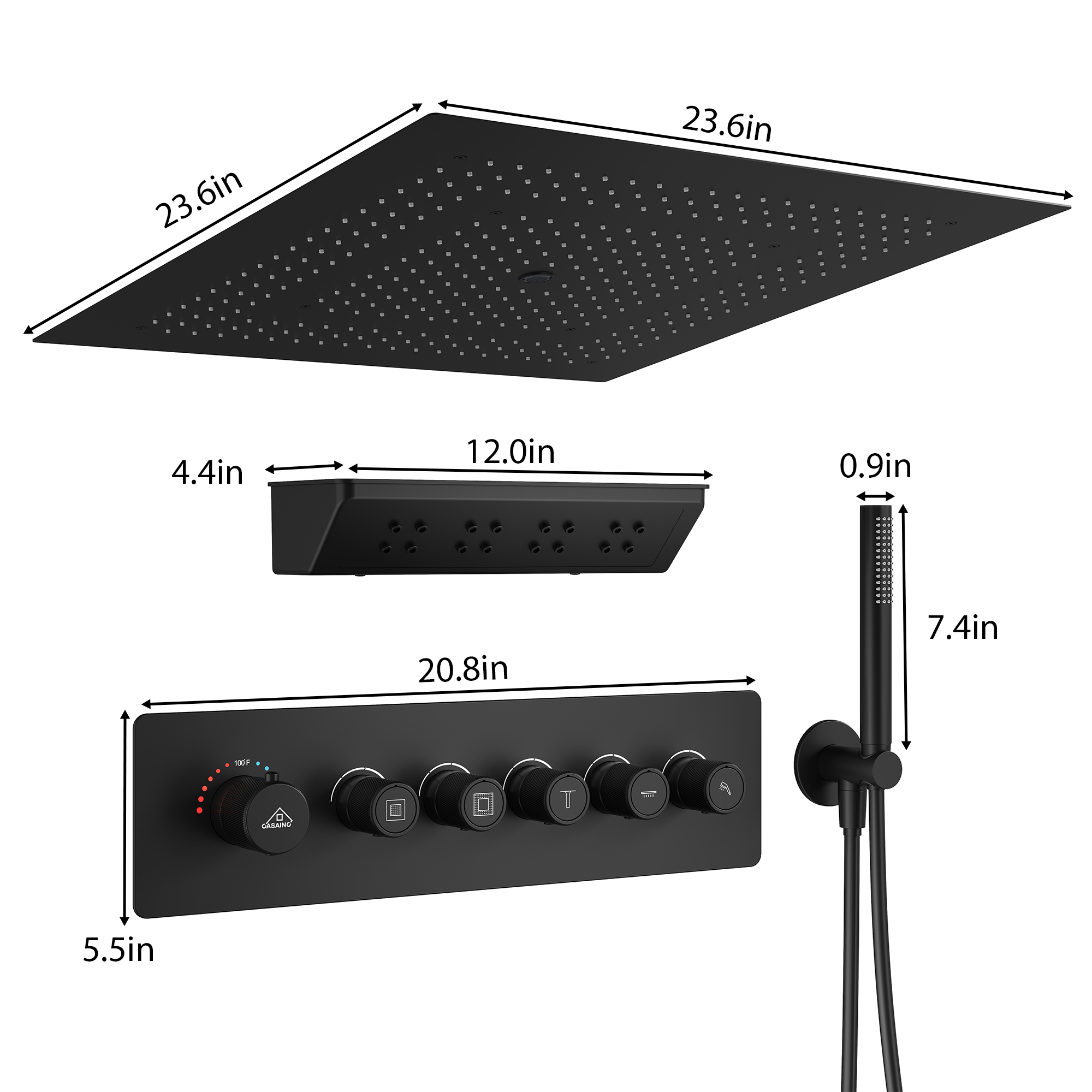 23.6 in. Single-Handle 5-Spray Square Shower Faucet 2.5 GPM with Body Spray in. Matte Black, Valve Included