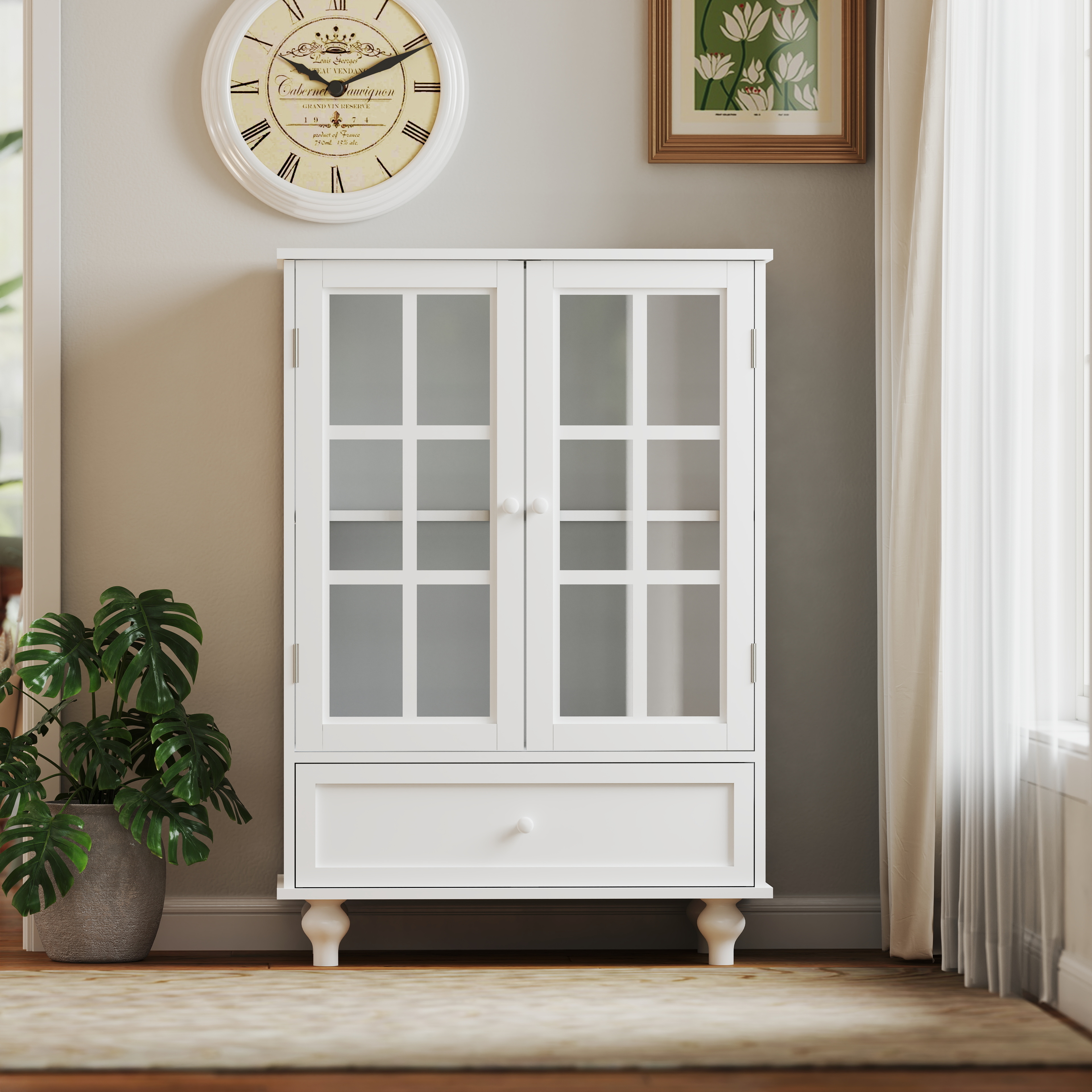 Minimalist White Buffet Cabinet with Double Glass Doors and Drawer, Modern Wooden Storage Sideboard Cupboard for Living room, Dining Room Hallway Entryway 