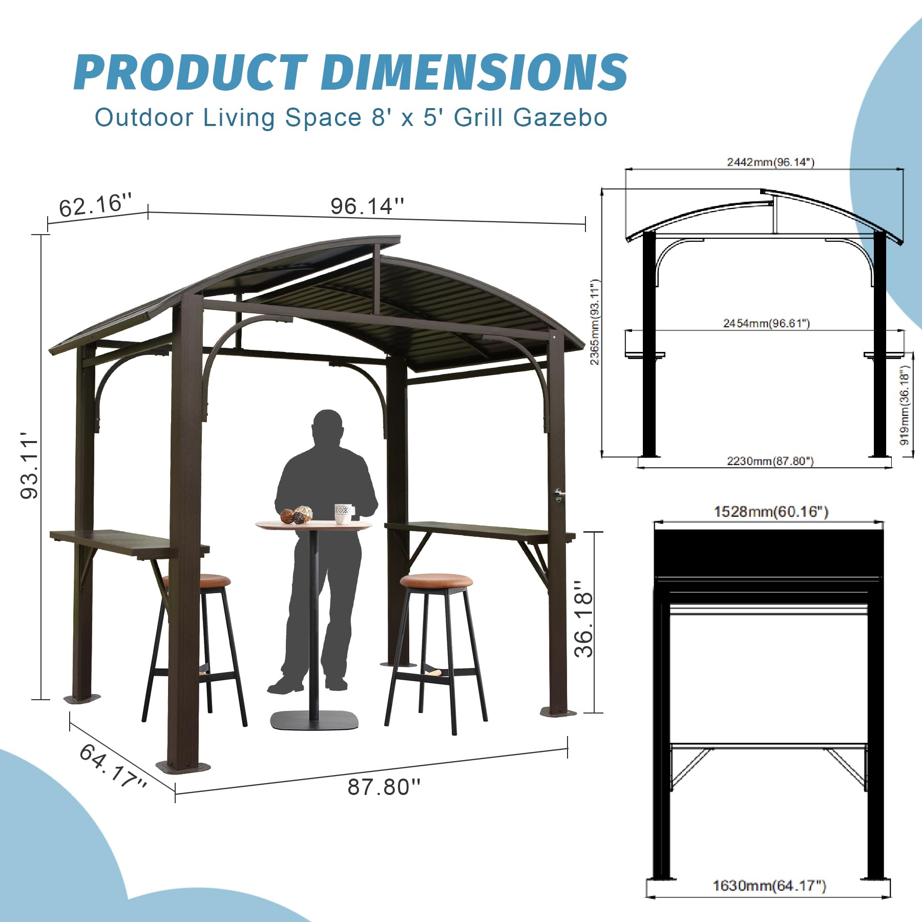 8x5FT Arc Roof, Grill Canopy for Outdoor Grill w/Double Galvanized Steel Roof and 2 Side Shelves, BBQ Gazebo Grill Tent for Patio Garden Backyard, Grey/Brown