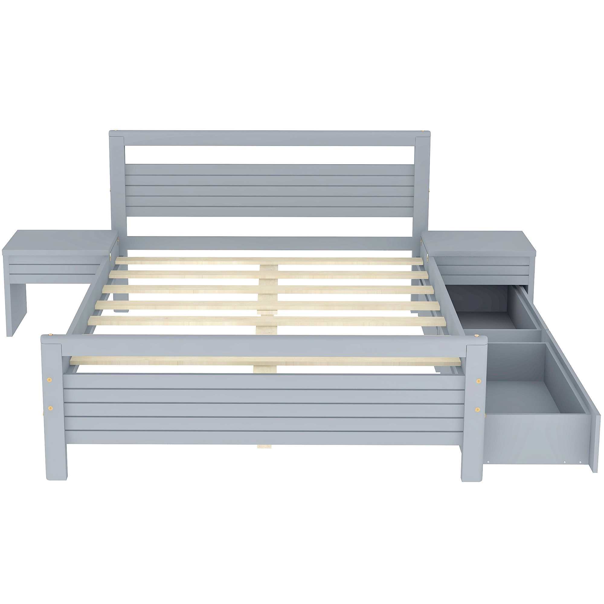 Full Size Wooden Platform Bed with 2 Storage Drawers and 2 bedside tables, Gray 