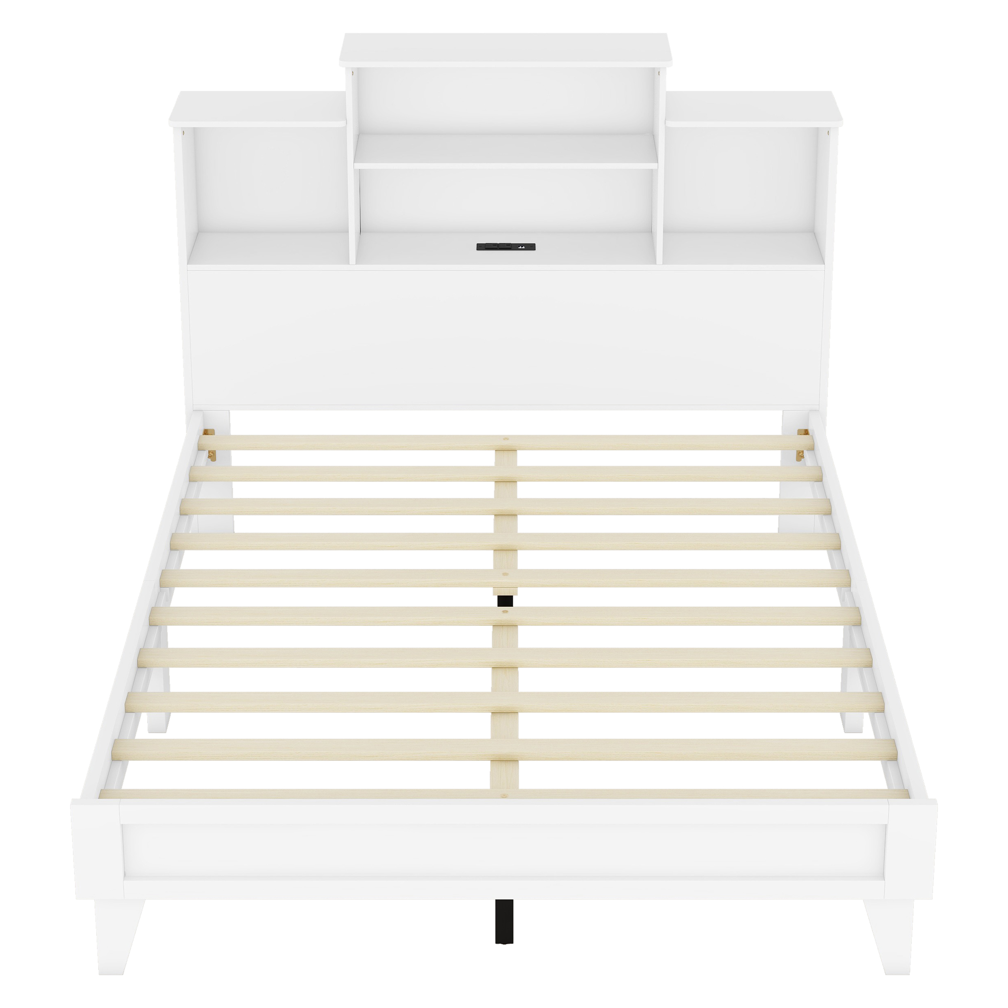 Queen Size Storage Platform Bed Frame with 4 Open Storage Shelves and USB Charging Design,White 