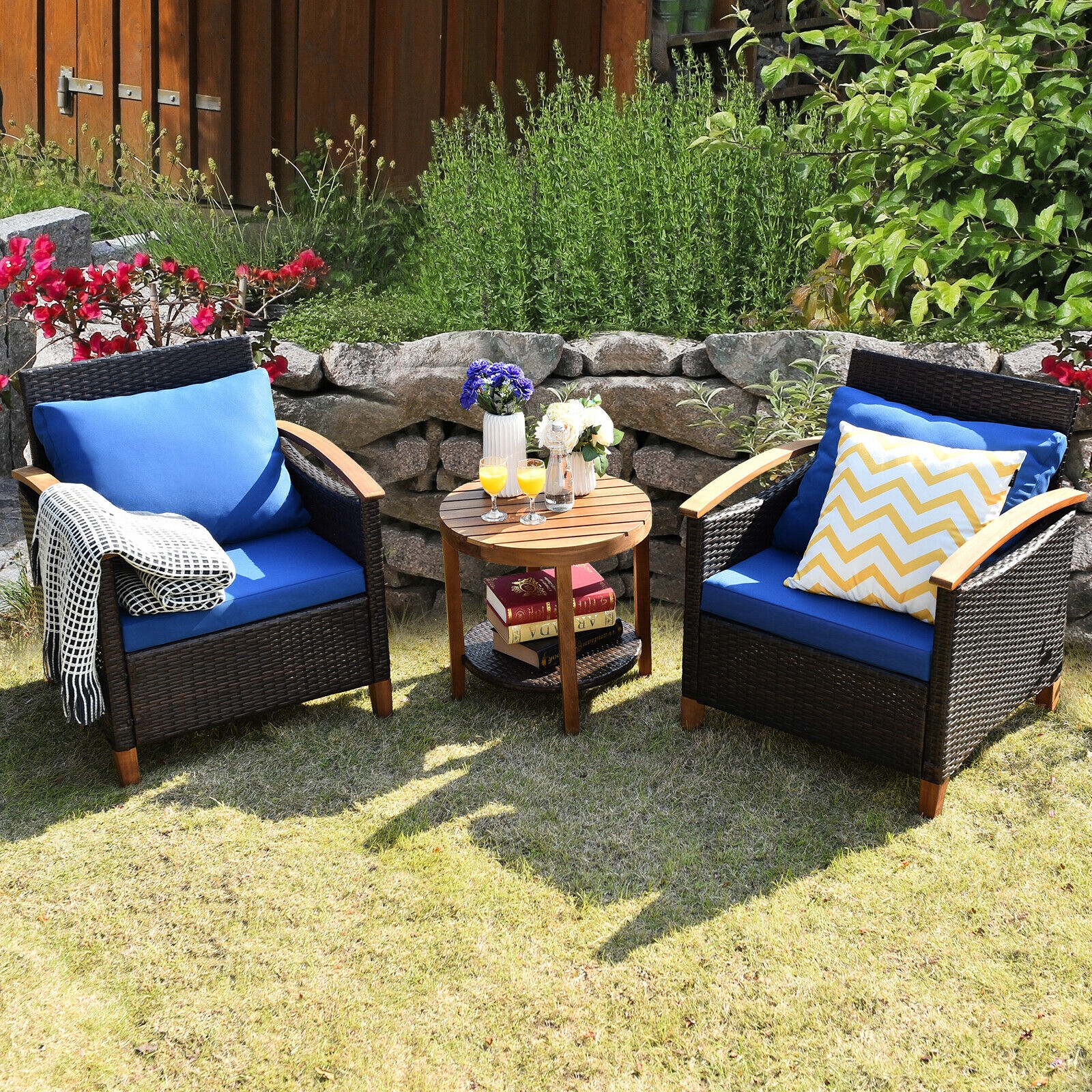 Mondawe 3 PCS Solid Wood Frame Patio Rattan Furniture Set-Mondawe