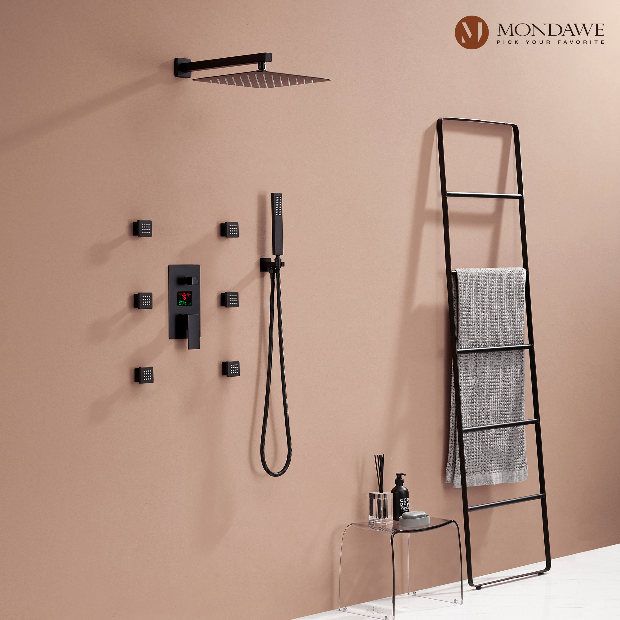 Mondawe Wall Mount Pressure Balanced Rain Shower Head System with Body Sprayers Handheld Shower and Digital Display-Mondawe