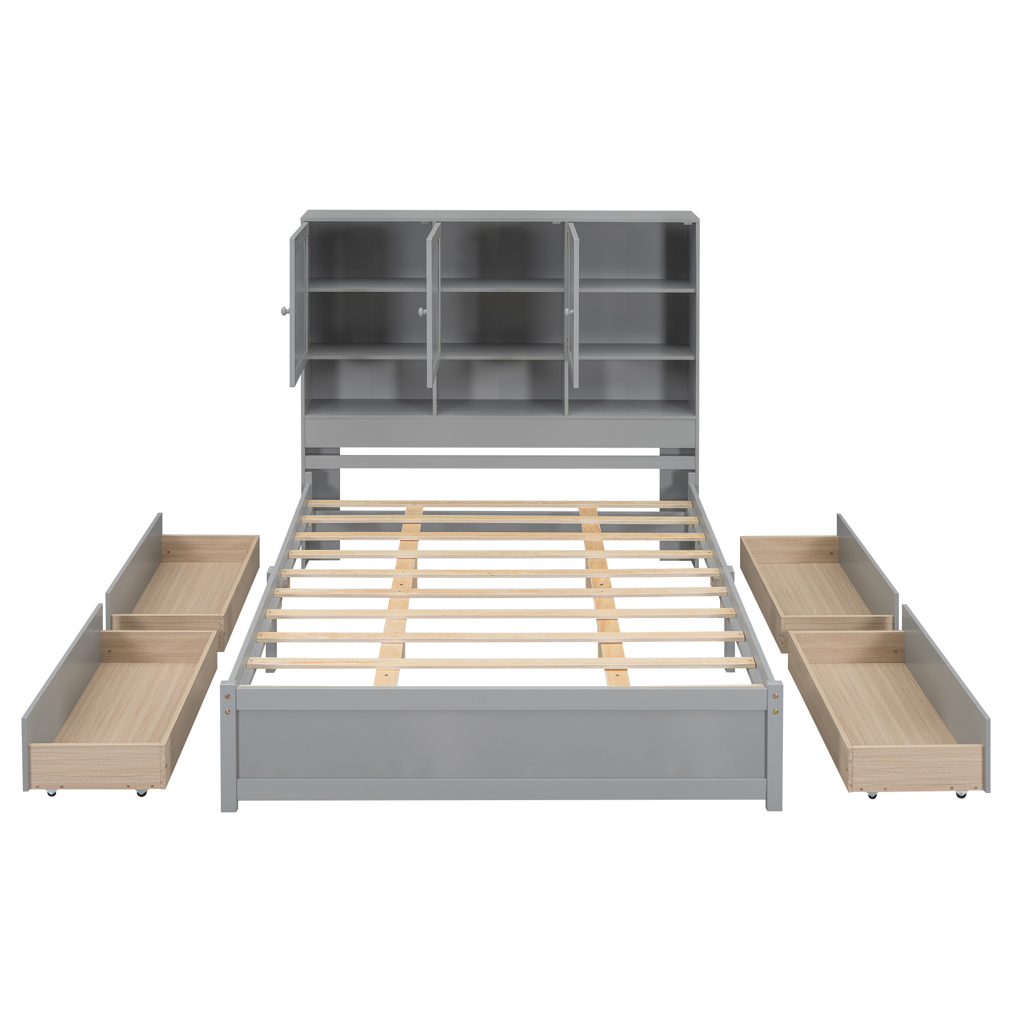 Full/Queen Size Platform Bed with Storage Headboard and 4 Drawers, Gray/White