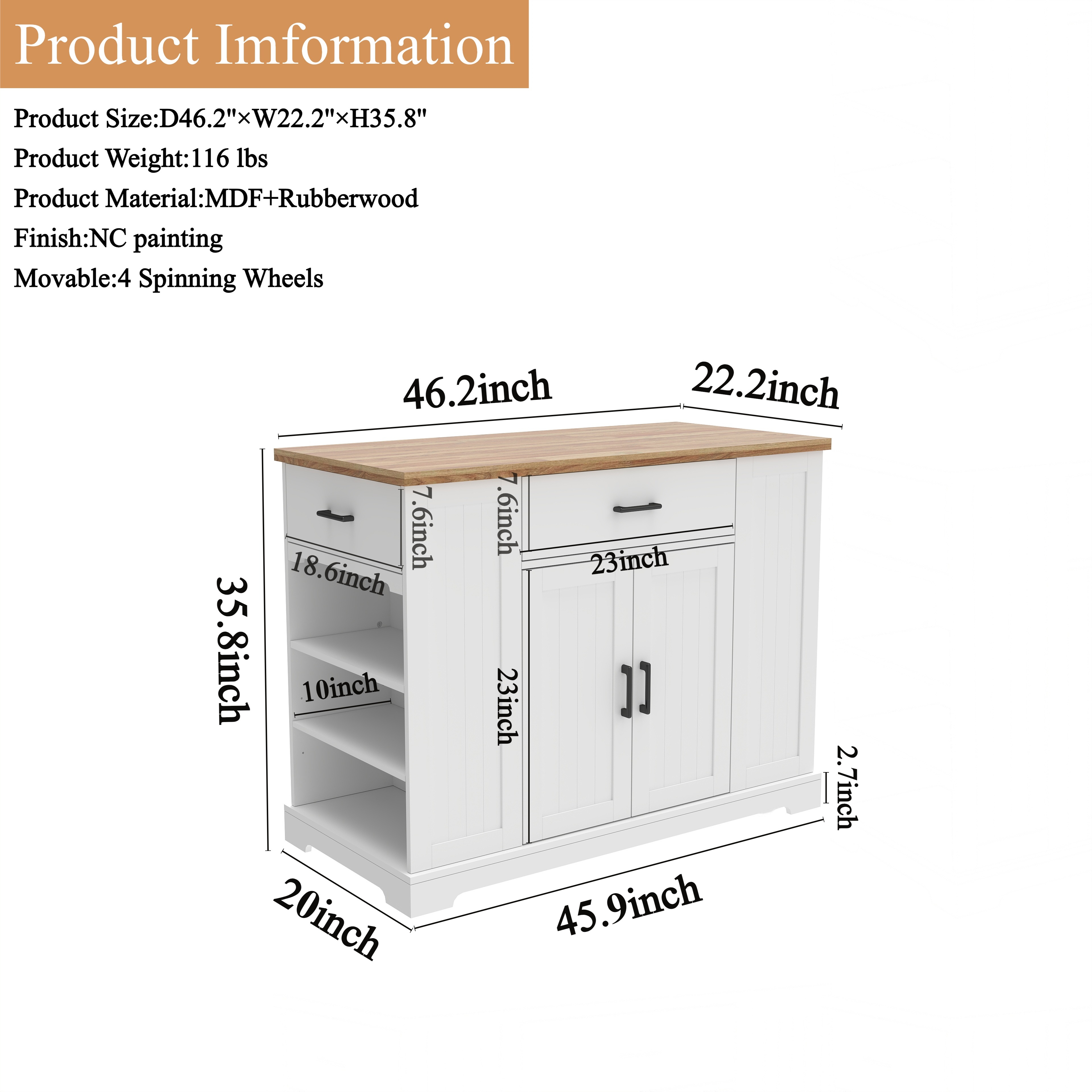 46.2'' Multi-Storage Kitchen Island with Rubber Wood Tabletop, Large Farmhouse Kitchen Cart with Adjustable Shelves and Drawers, Dinning Table Bar with Storage Cabinet for Kitchen 