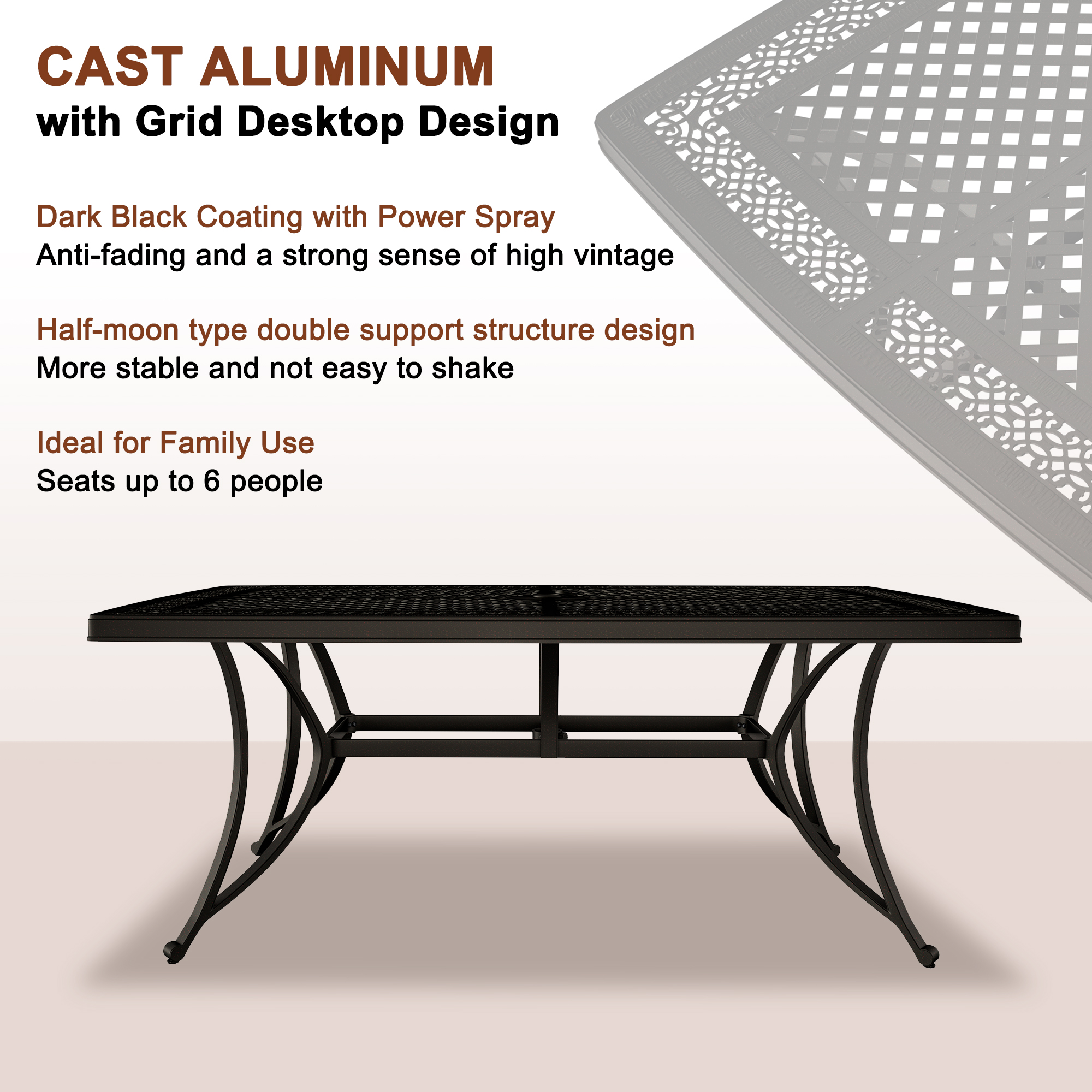 Boyelliving Aluminum Frame Rectangle 28 in. H Outdoor Dining Table with Umbrella Hole in Dark Gold Finished-Boyelliving