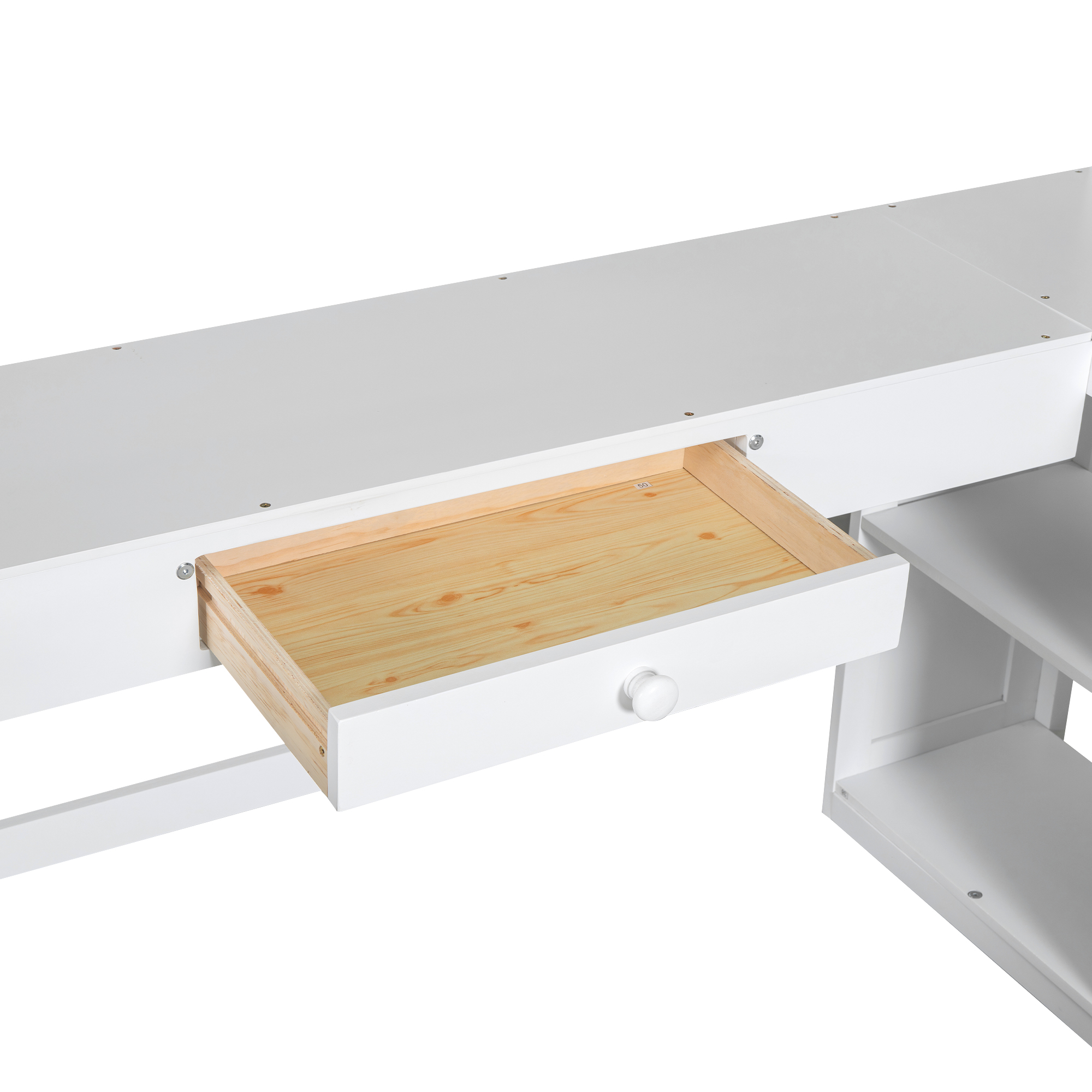 Full/Twin Size Loft Bed with U-shaped Desk, Drawers and Storage Shelves, White/Antique Brown 