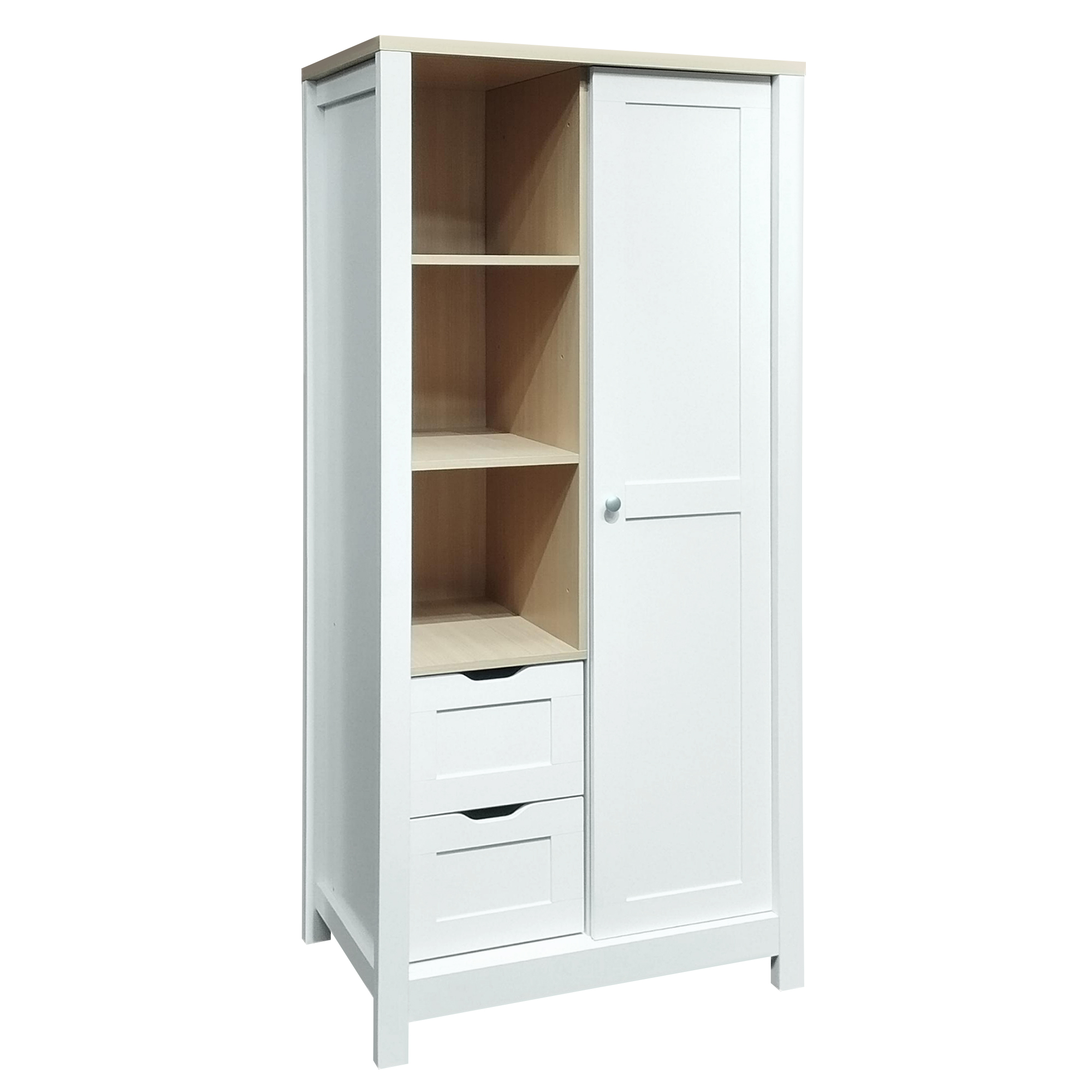 Bedroom Storage Wardrobe with Hanging Rods and 2 Drawers and Open Shelves,Sliding Door,White 