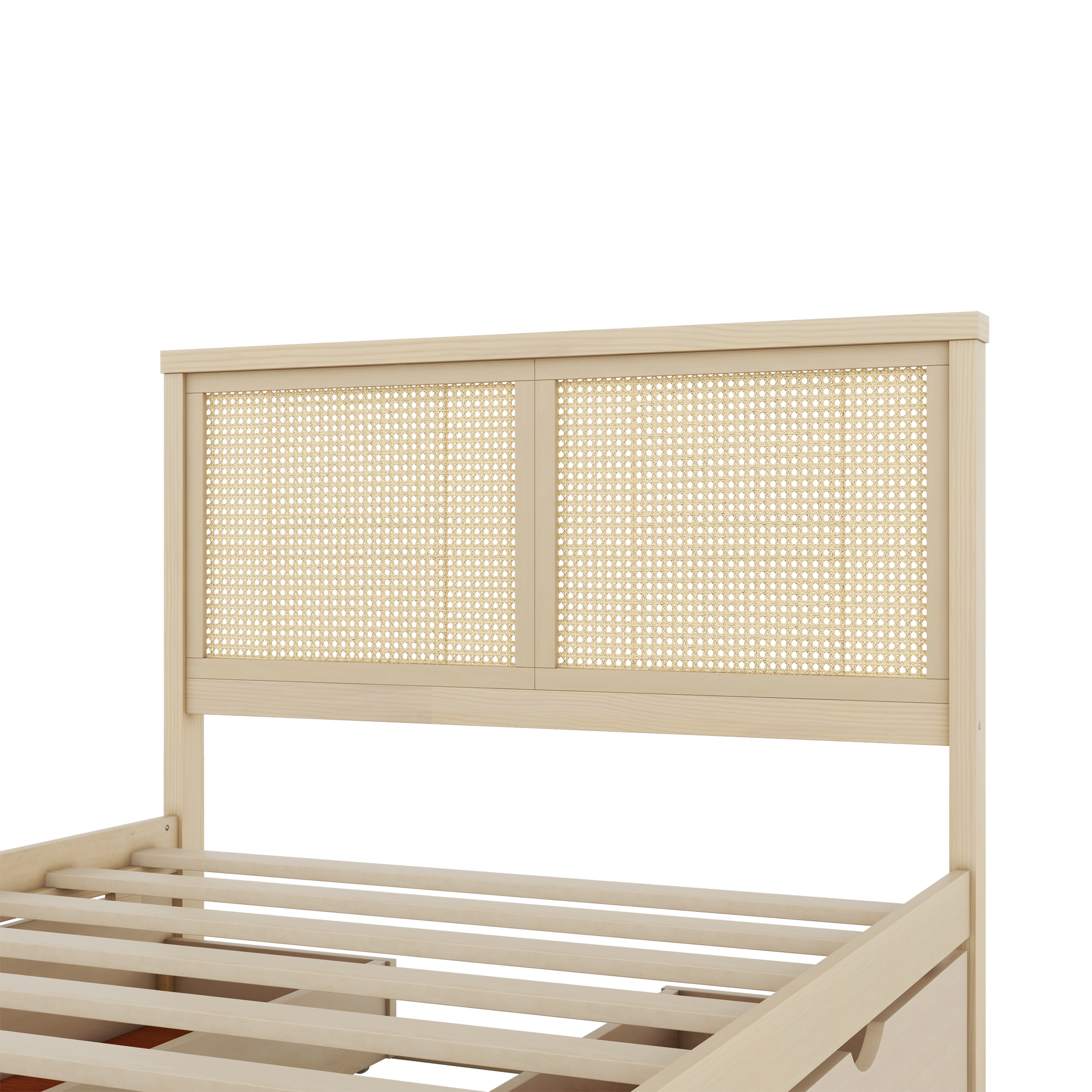 Queen/Full Size Wood Storage Platform Bed with 4 Drawers, Rattan Headboard, Espresso/Nature 
