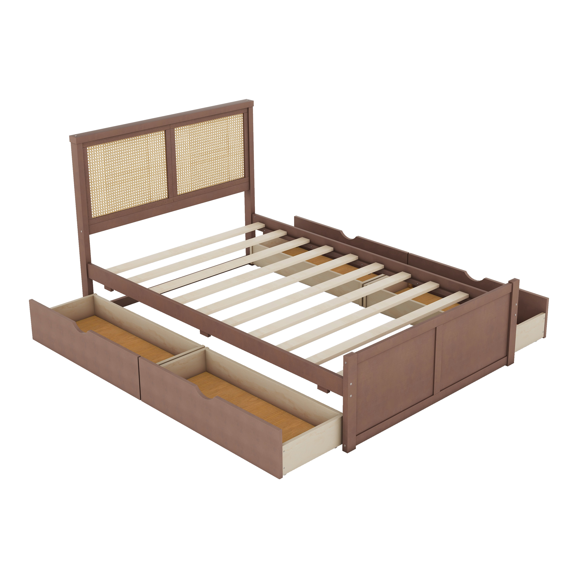 Queen/Full Size Wood Storage Platform Bed with 4 Drawers, Rattan Headboard, Espresso/Nature 