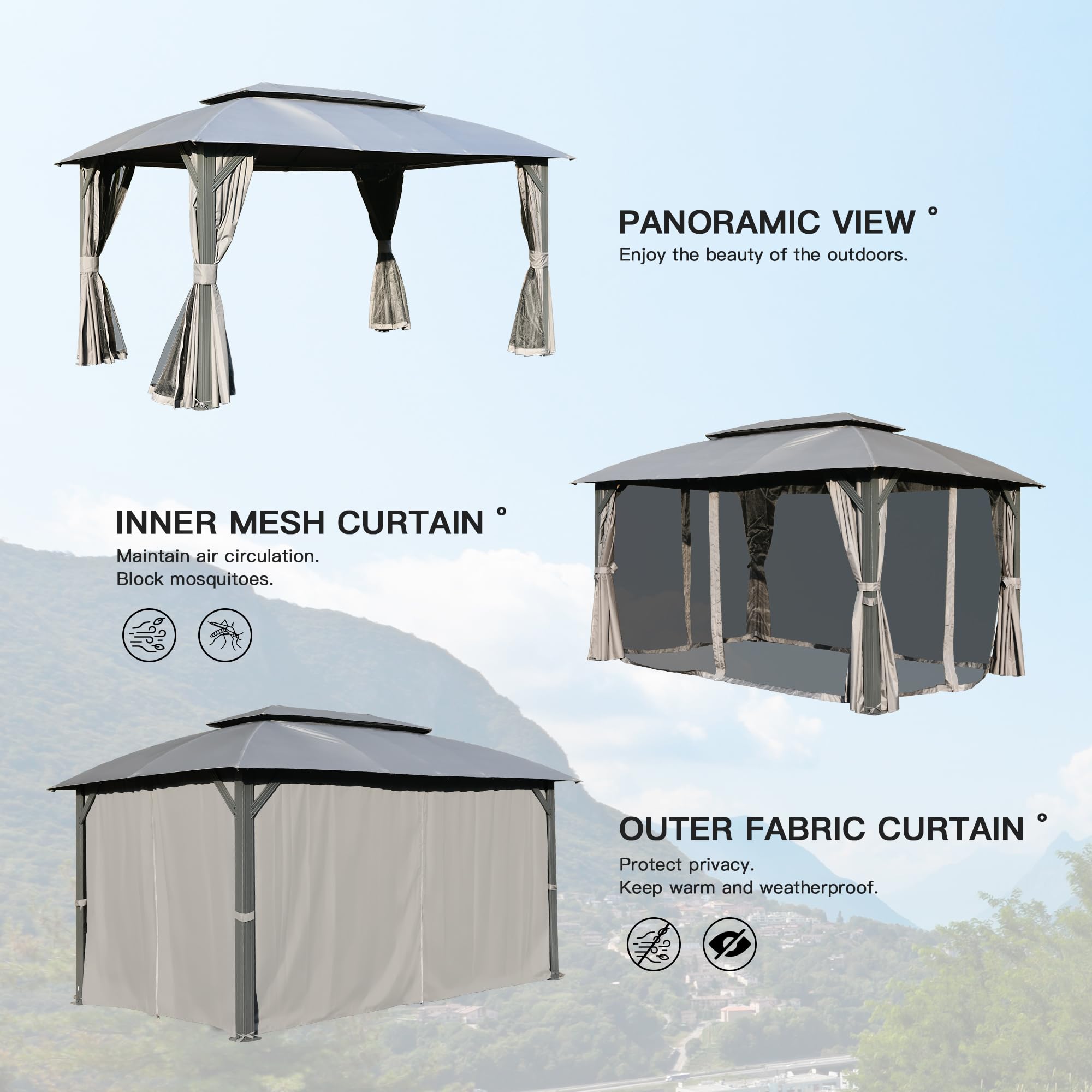 Outdoor Gazebo with Double Roofs, Privacy Curtains, Mosquito Nettings, Heavy Duty Metal Frame Party Tent Canopy for Patio, Backyard, Deck, Lawn