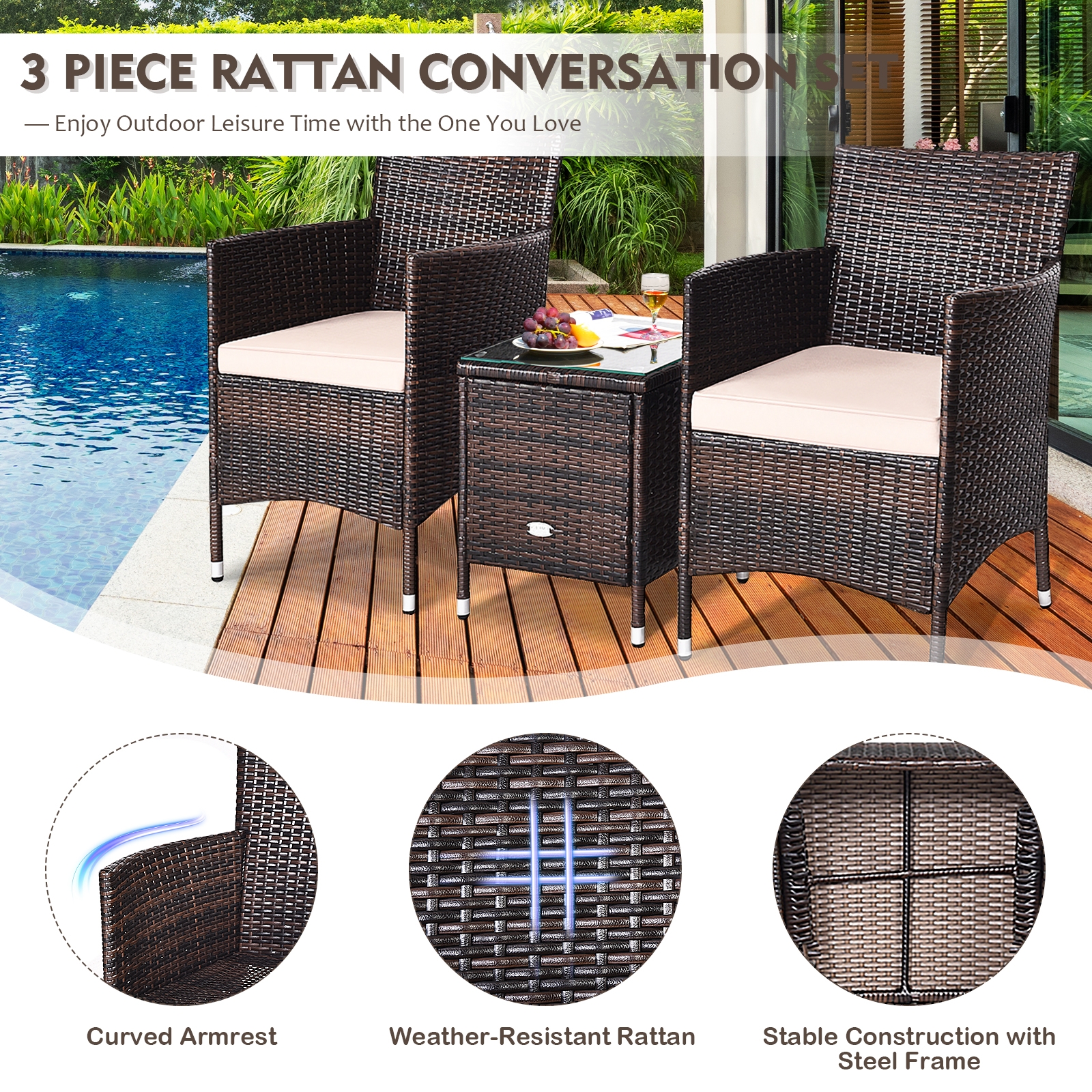 Mondawe 3 Pcs Outdoor Rattan Wicker Furniture Set-Mondawe