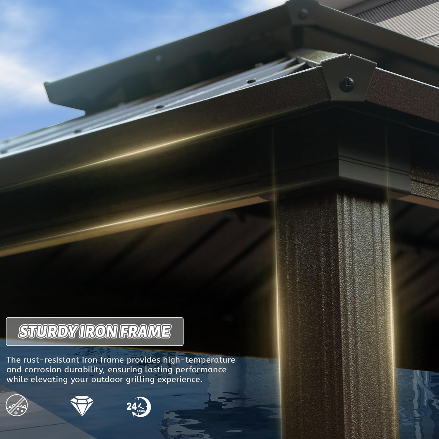 Hardtop Grill Gazebo, Outdoor BBQ Gazebo with 2 Side Shelves and Sloping Galvanized Steel Roof, Metal Permanent Grill Canopy with Ceiling Hooks for Patio, Lawn, Backyard, Deck