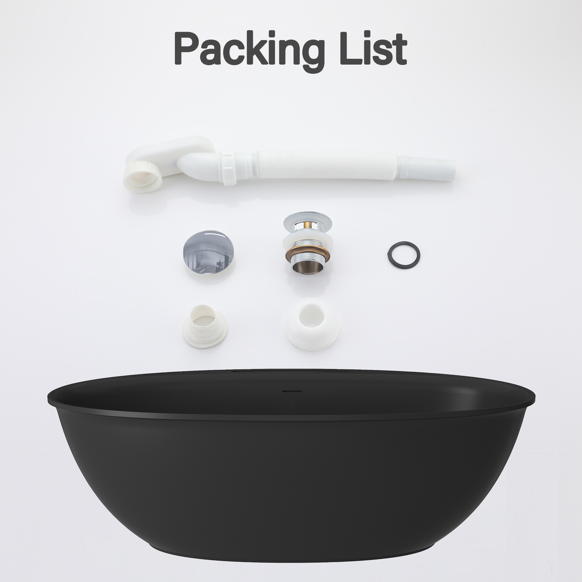 Matte white 67-inch artificial stone freestanding bathtub, hand-polished, with drainer + drain cover + drain pipe