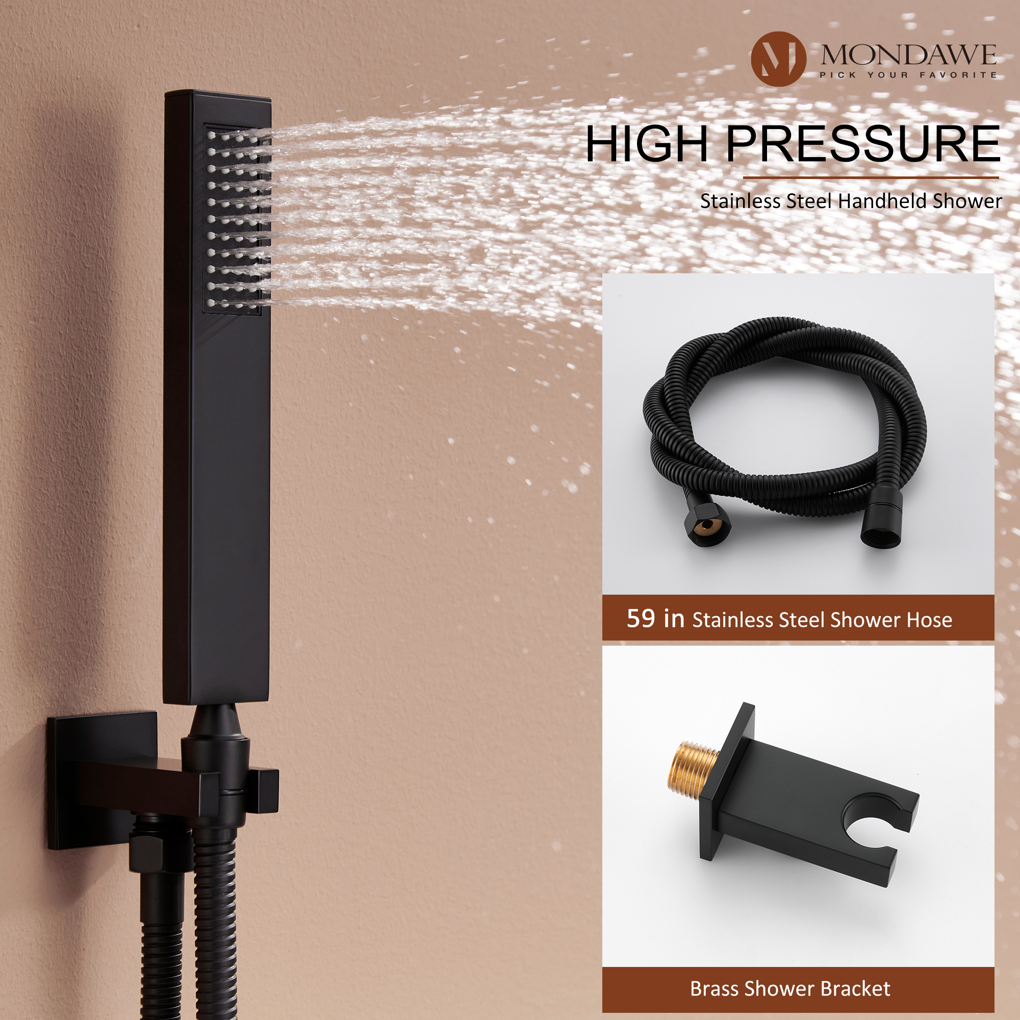 Mondawe Wall Mount Pressure Balanced Rain Shower Head System with Body Sprayers Handheld Shower and Digital Display-Mondawe