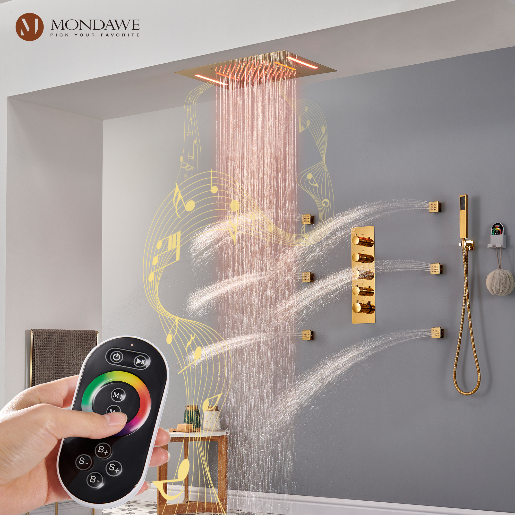 Mondawe Luxury 4-Way Thermostatic Shower System with LED and Music Player-Mondawe