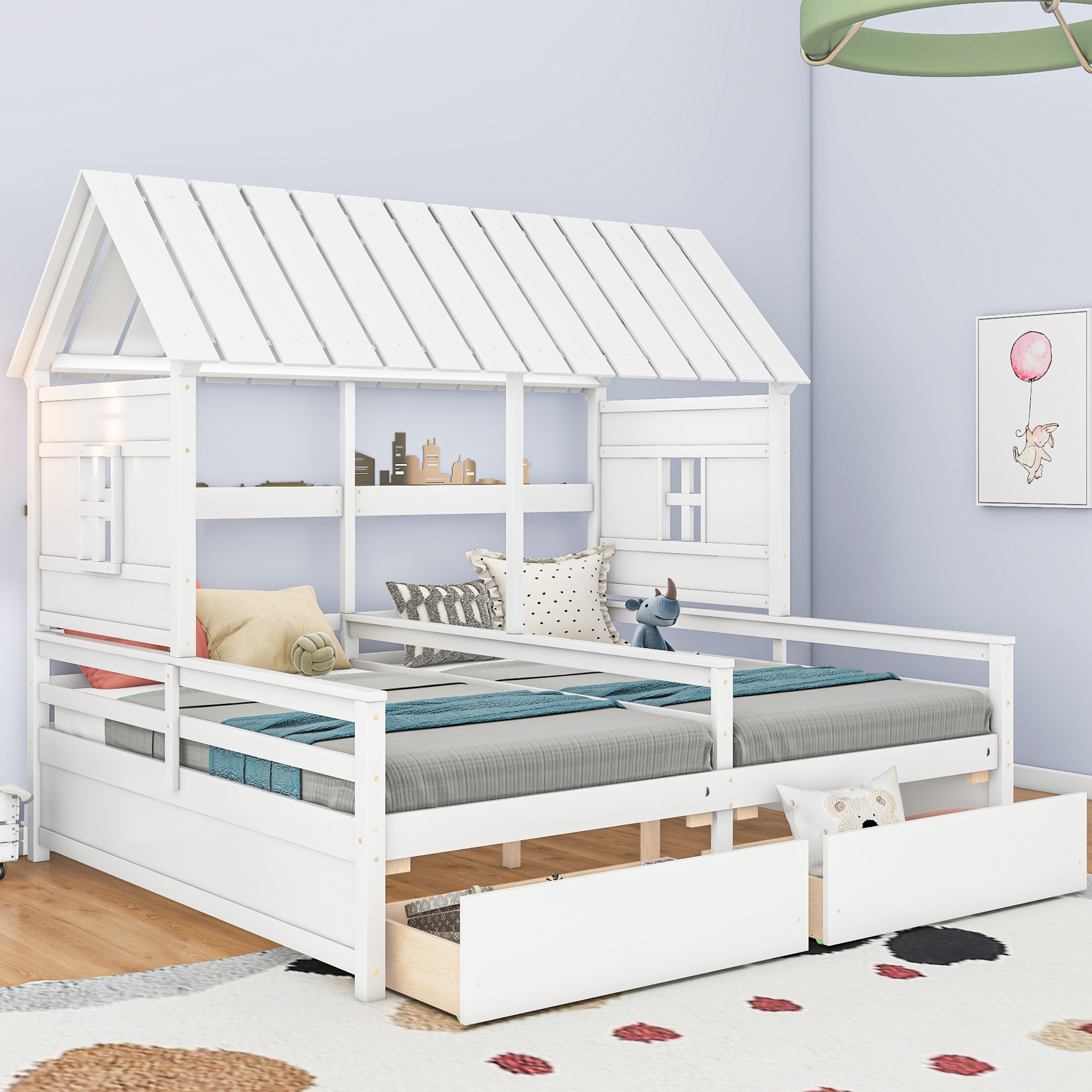 Twin Size House Platform Beds with Two Drawers for Boy and Girl Shared Beds, Combination of 2 Side by Side Twin Size Beds, Gray/White