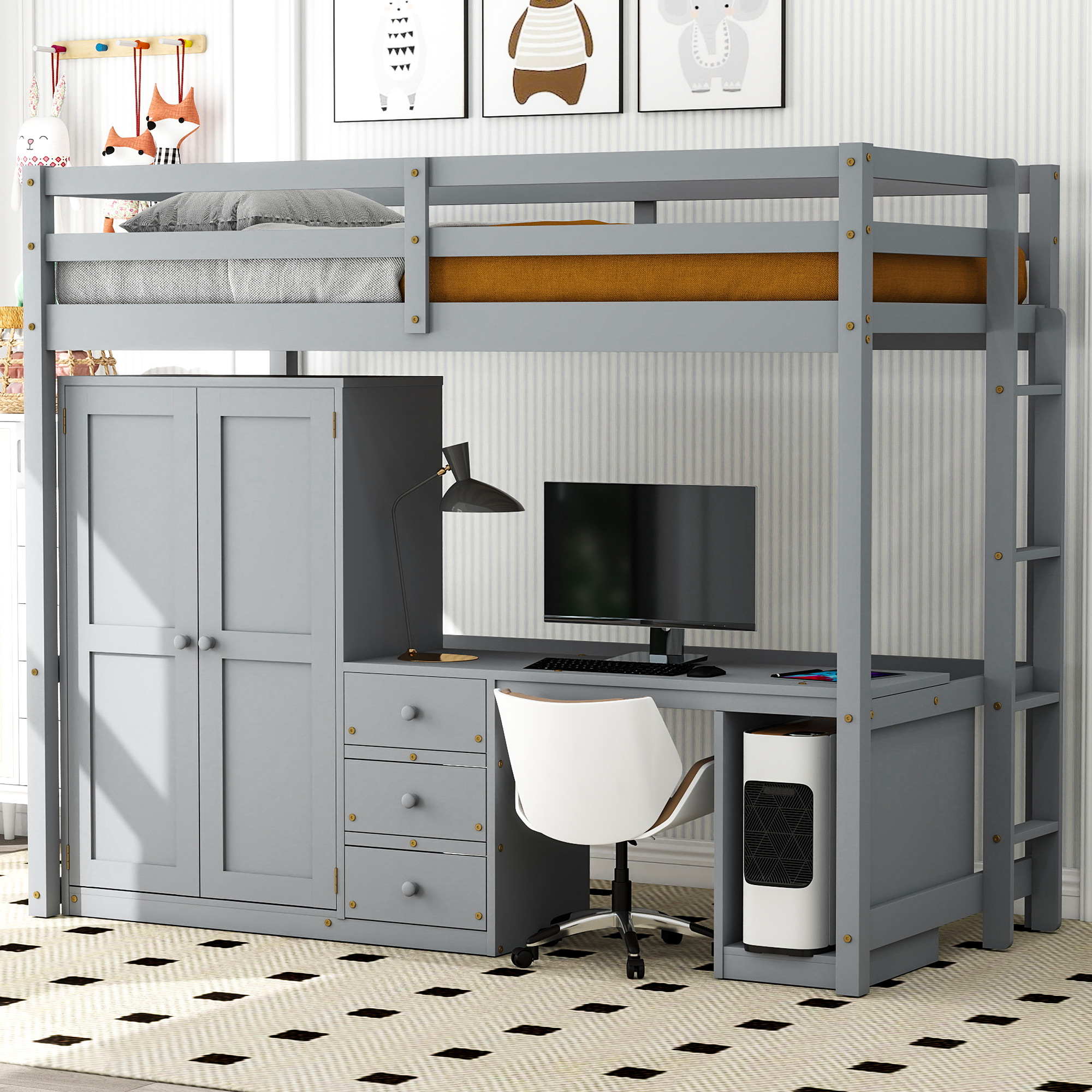Full/Twin Size Loft Bed with Wardrobe, Desk and Storage Drawers, Gray/White