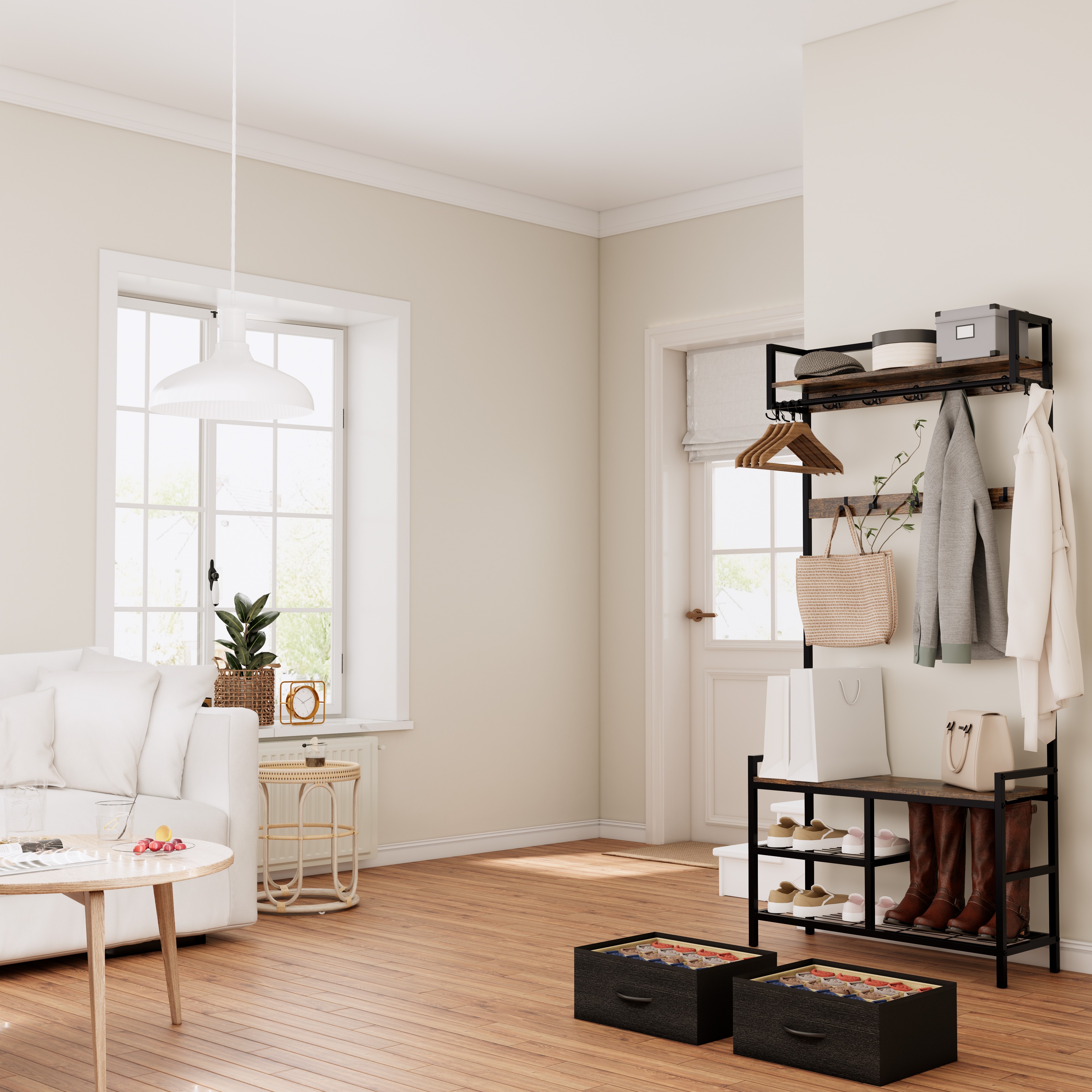 33.1" Wide Hall Tree with 2 Movable Drawers, Shoe Storage, Shelves and Garment Racks, 5-in-1 Entryway Bench with 23 Hooks (Fixed and Movable) 