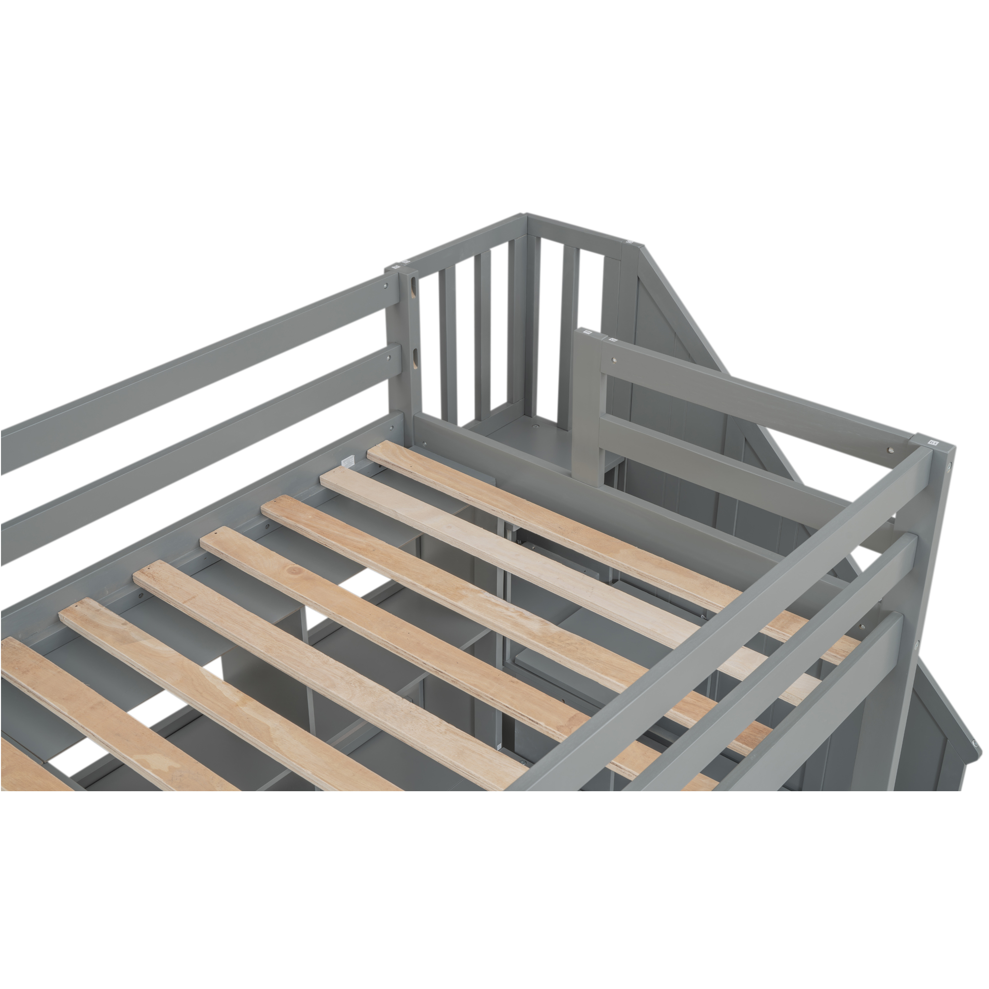 Twin Size Loft Bed Frame with Storage Staircase and Double Desks and Shelves,Gray/White