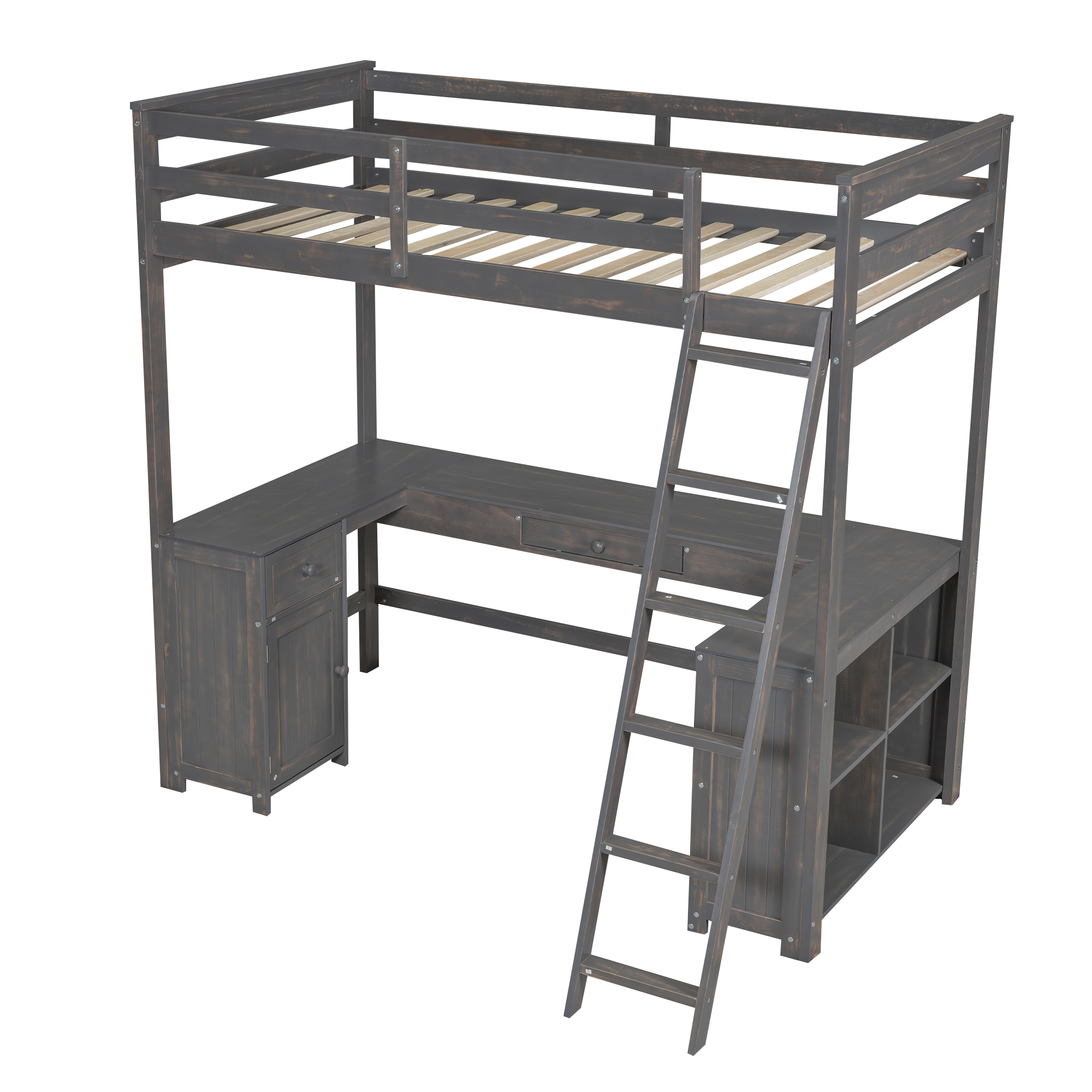 Full/Twin Size Loft Bed with U-shaped Desk, Drawers and Storage Shelves, White/Antique Brown 