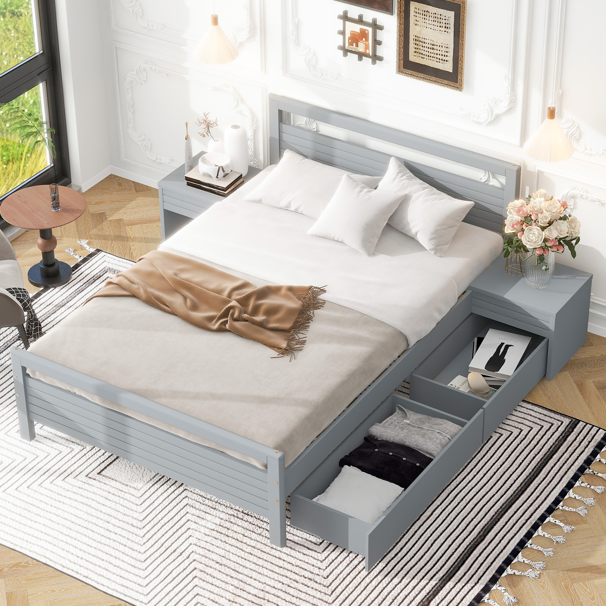 Full Size Wooden Platform Bed with 2 Storage Drawers and 2 bedside tables, Gray 