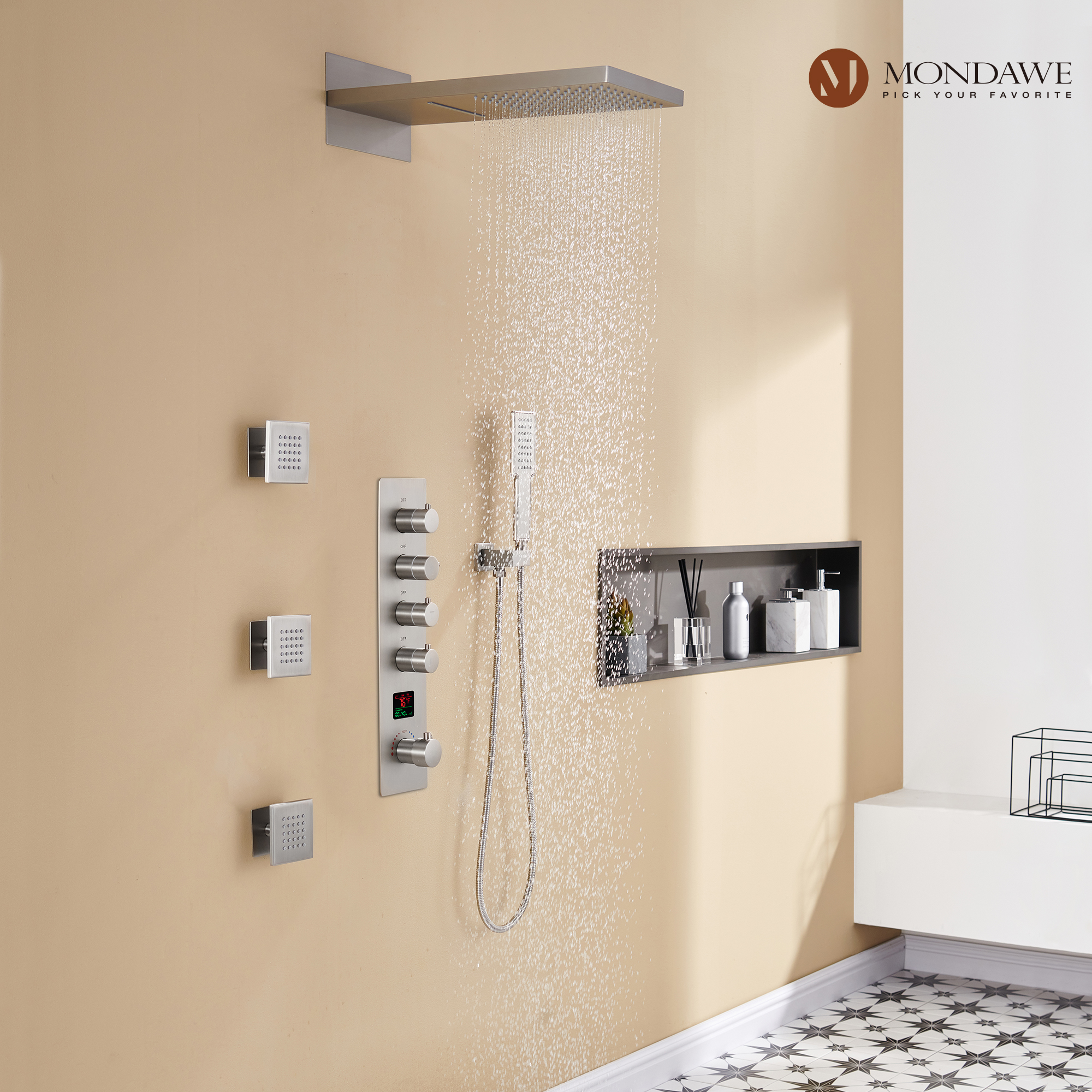 Mondawe Luxury Rain Dual Shower Heads Wall Mounted 22 in. with Digital Temperature Display 4 Spray Patterns Thermostatic and 3 Body Jets-Mondawe