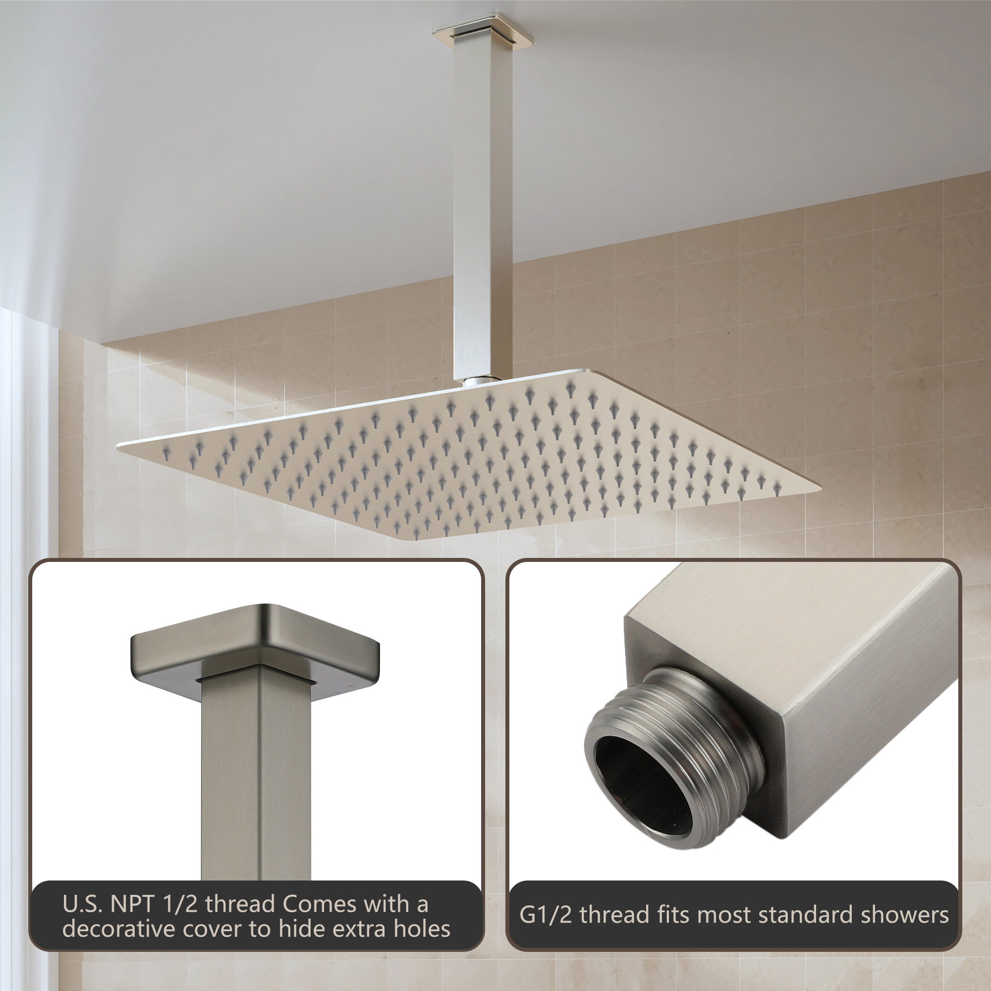 7.88" Stainless Steel Celling Mounted Round/Square Shower Arm with Flange for Rain Shower Head in Matte Black/ Brushed Nickel