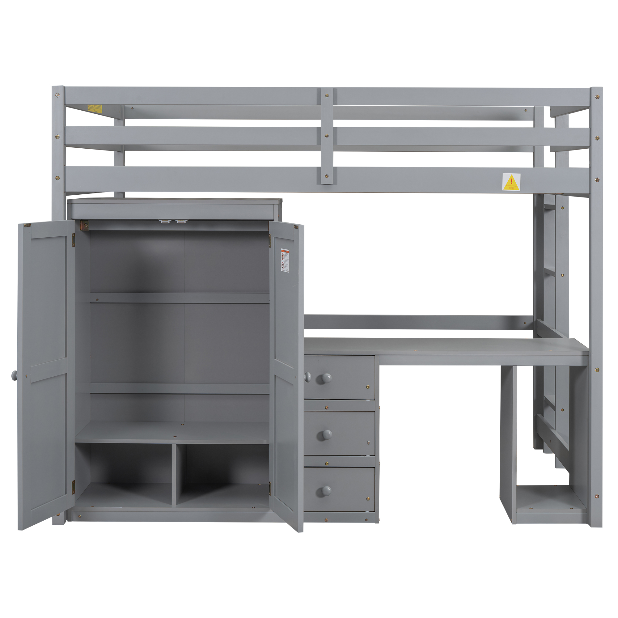 Full/Twin Size Loft Bed with Wardrobe, Desk and Storage Drawers, Gray/White