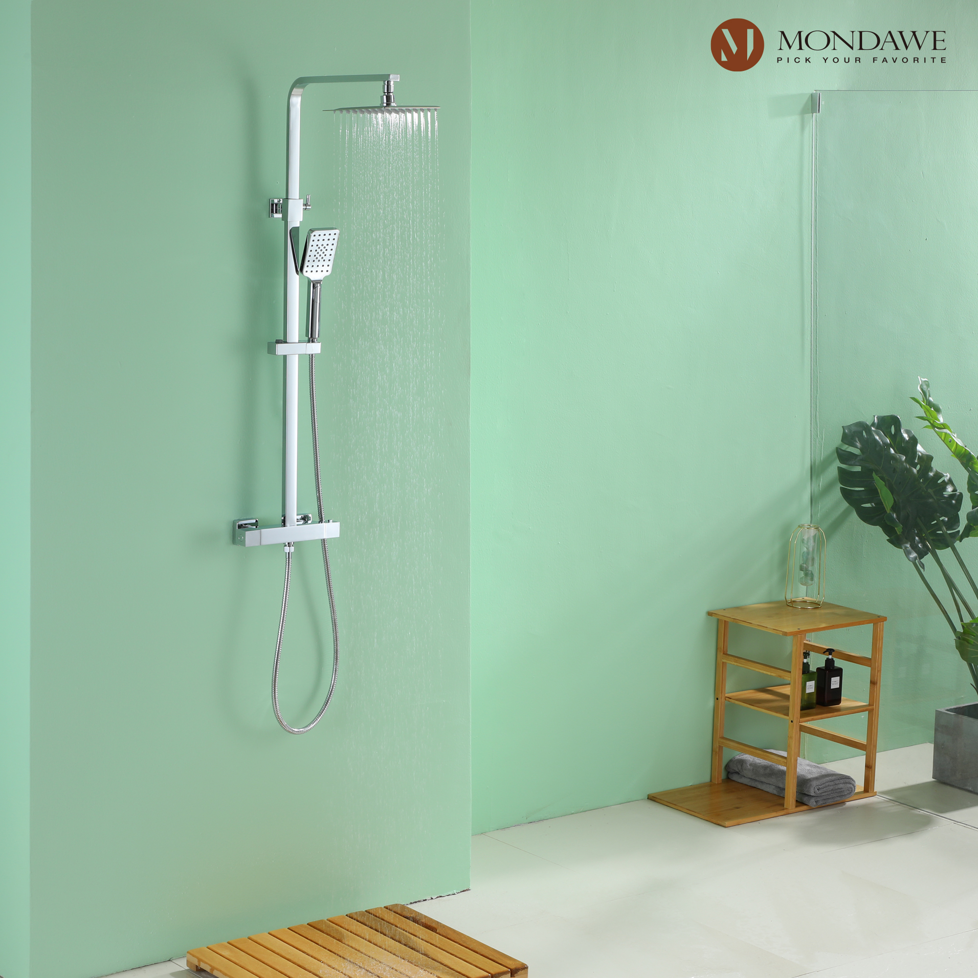 Mondawe Stainless Steel Thermostatic Shower Bar System in Black/Chrome(Square)-Mondawe