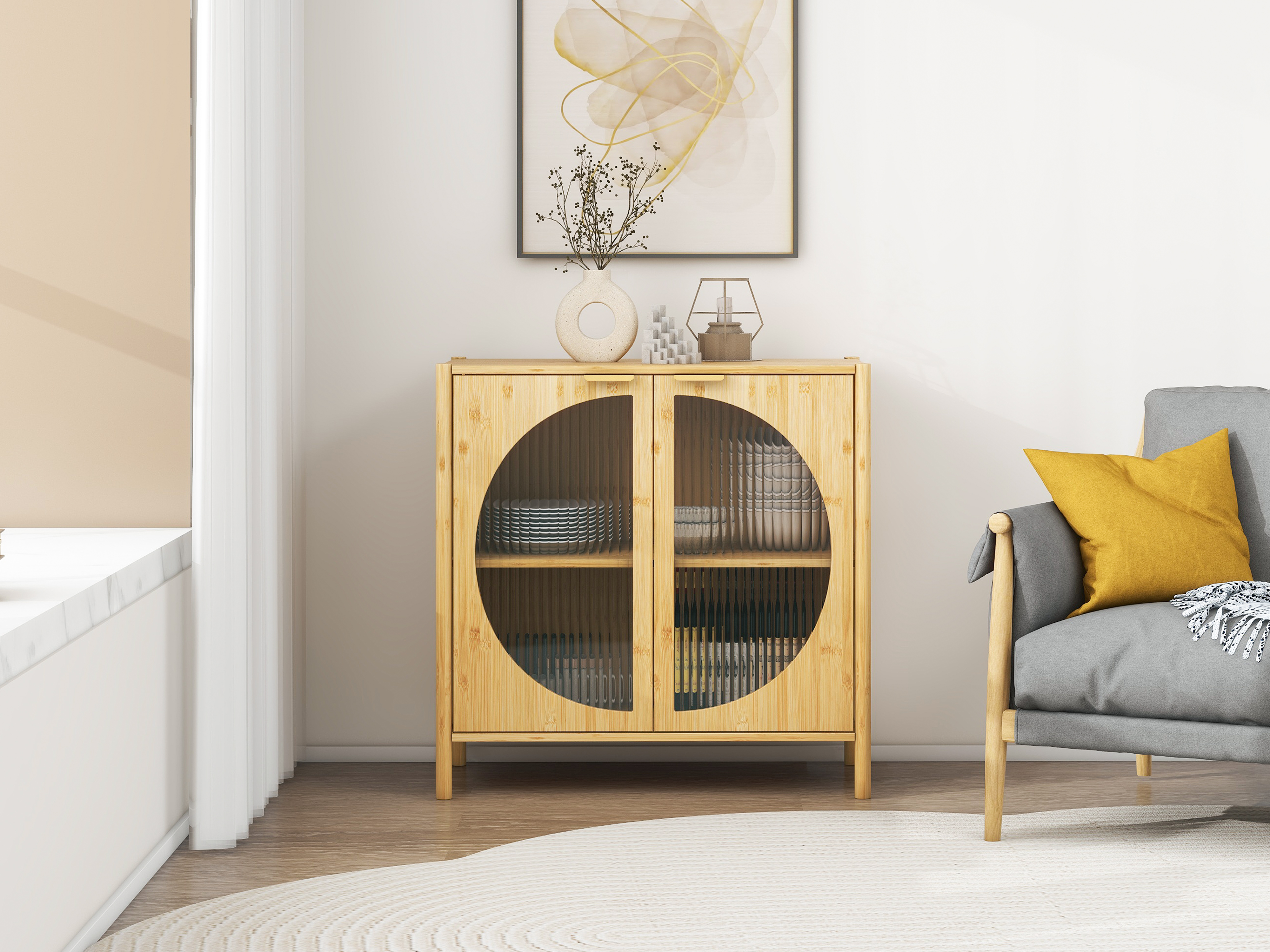 Bamboo 2 door cabinet, Buffet Sideboard Storage Cabinet, Buffet Server Console Table, for Dining Room, Living Room, Kitchen, Hallway 