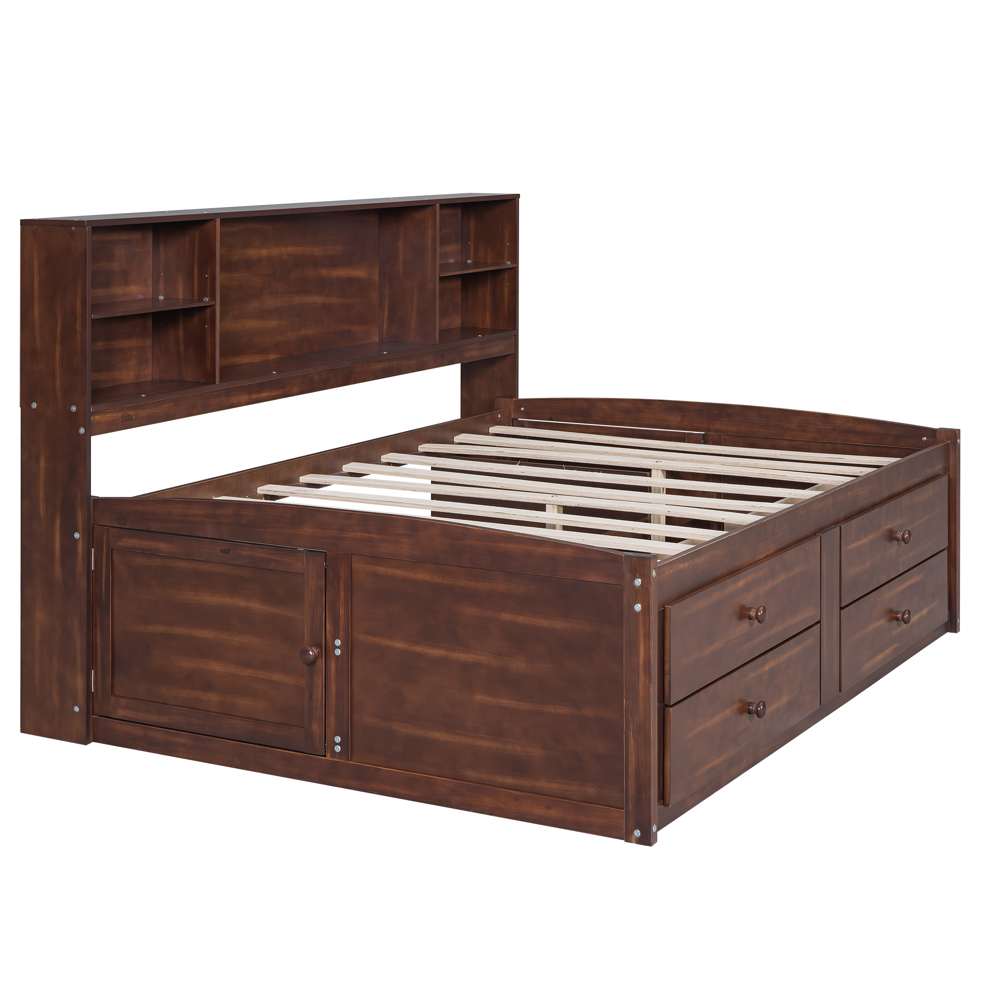 Full Size Wooden Captain Bed with Built-in Storage Shelves, 4 Drawers and 2 Cabinets, Antique Brown 