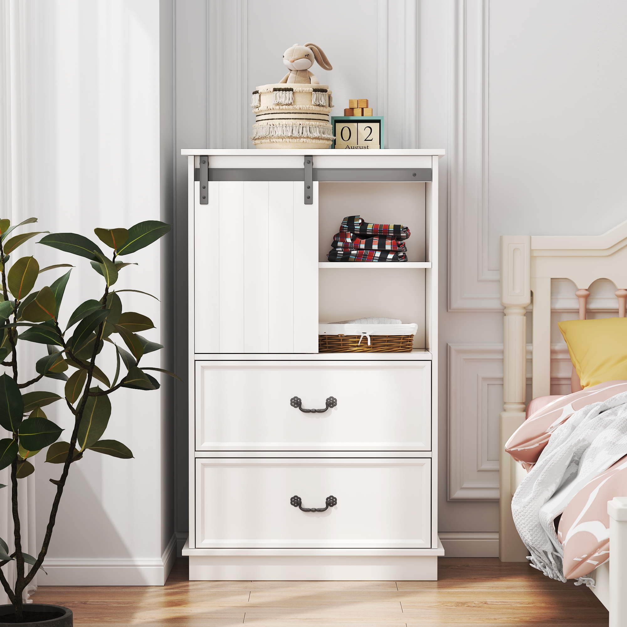 51'' Farmhouse Drawer Chest with Sliding Door, Multi-Storage Drawer Dr