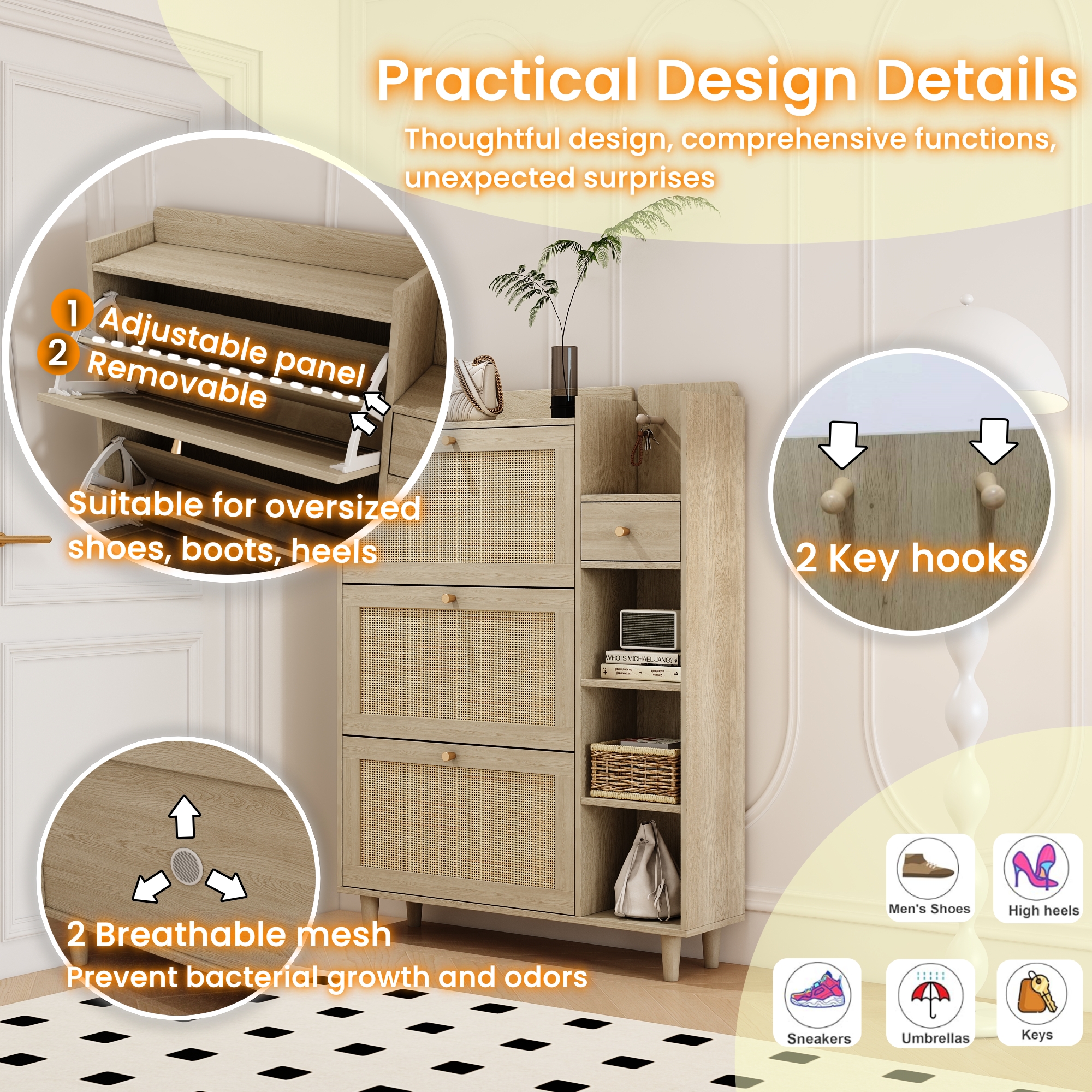 Bohemia Style Shoe Cabinet, Shoe Rack Cabinet with 3 Rattan Flip Drawers,3 Square Shelves and 1 Storage Drawer, Shoe Organizer with Mulit Storage Space and Hooks for Hallway, Entryway, (Natural/Antique white) 