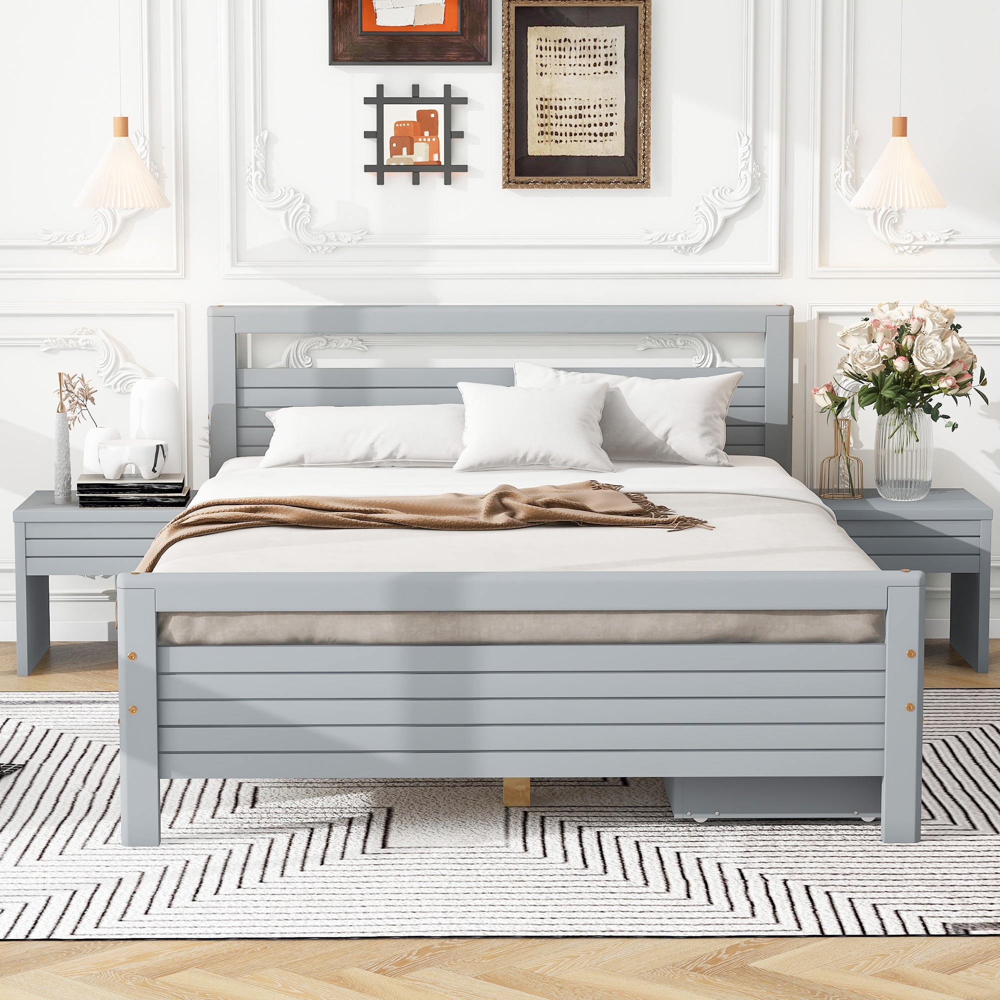 Full Size Wooden Platform Bed with 2 Storage Drawers and 2 bedside tables, Gray 