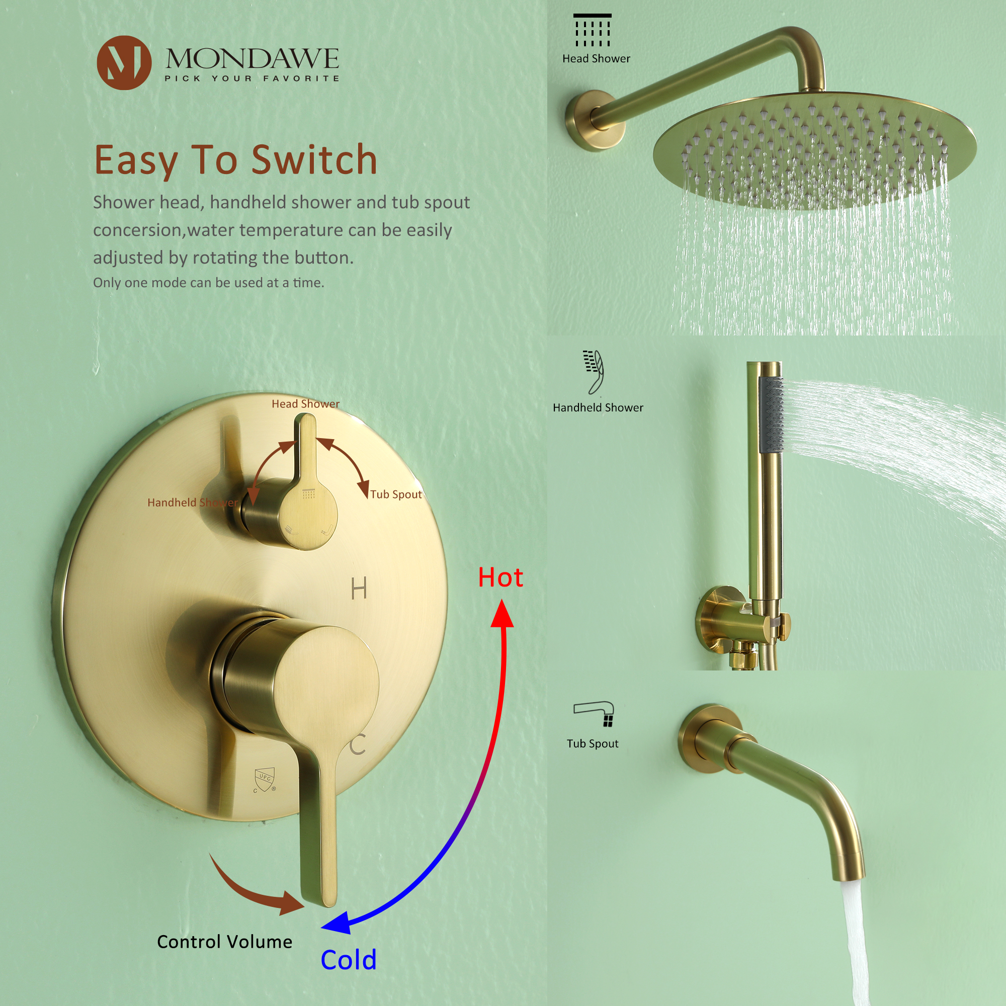 Mondawe Three function Pressure Balance Shower Set with 10 in Round Shower Head(5 color, Valve Included)-Mondawe