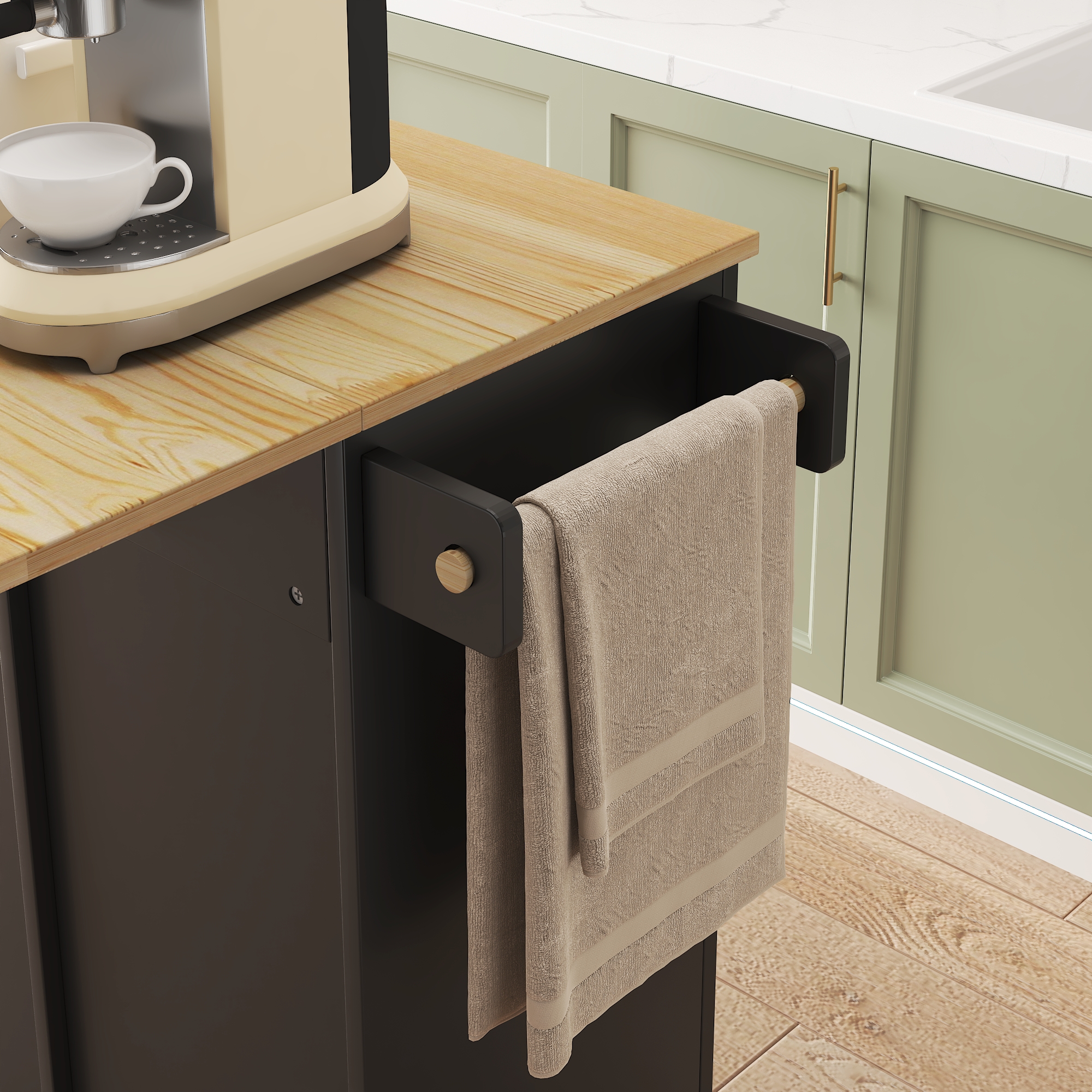 45.4" Farmhouse Black Rolling Kitchen Cart on Wheels with Storage Cabinet, Mobile Kitchen Island cart with Drop Leaf Top, Spice Rack, Towel Bar, Adjustable Shelf, Drawers and Hooks 