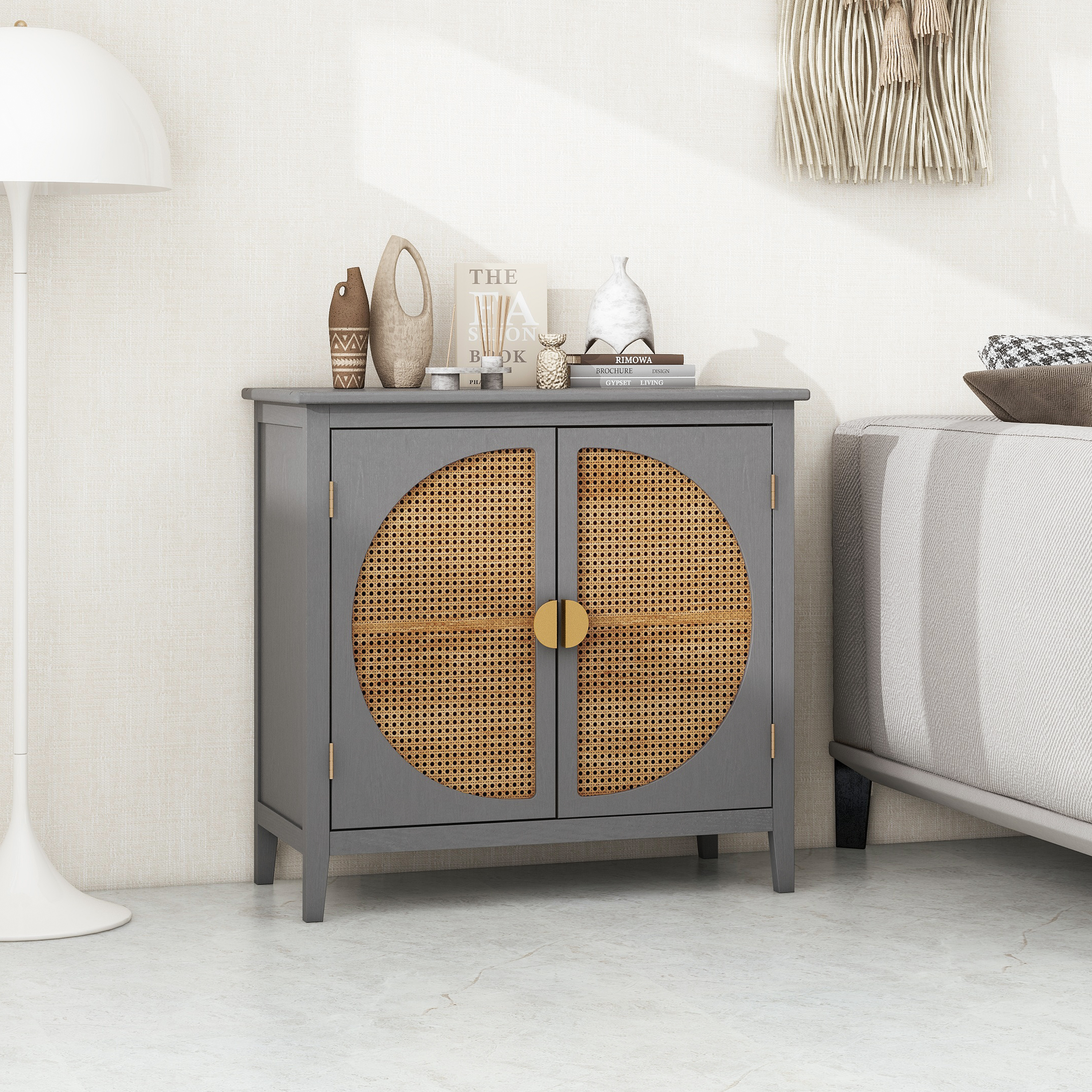 2 door cabinet with semicircular elements,natural rattan weaving,suitable for multiple scenes such as living room, bedroom, study room 