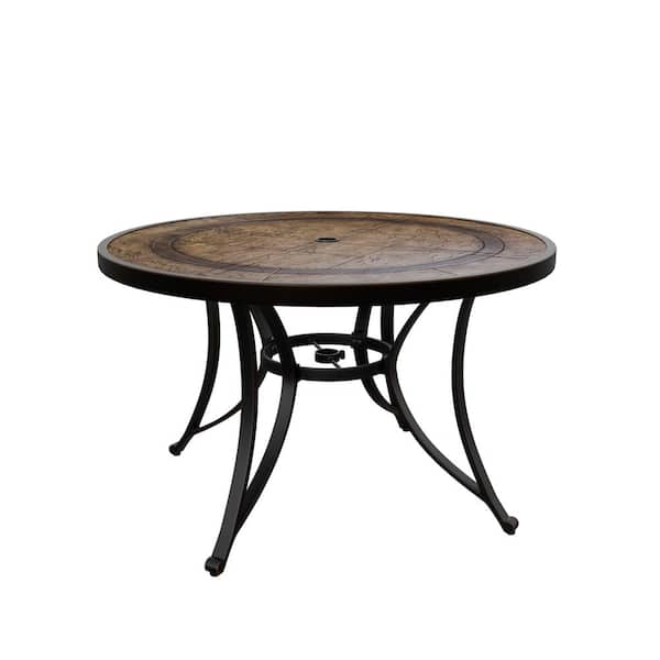 Dark Gold Round Aluminum 28 in. H Faux Wood Top Outdoor Patio Dining Table with Umbrella Hole-Boyelliving