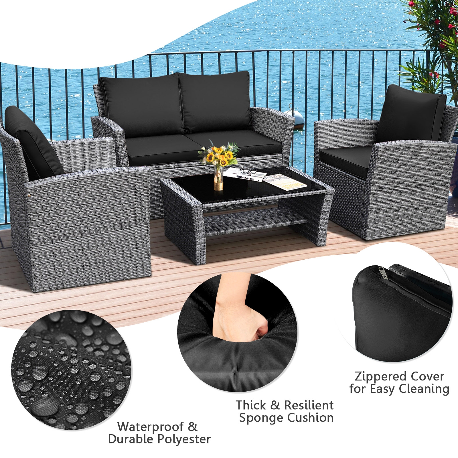 Mondawe 4 Pcs Patio Rattan Furniture Set Sofa Table with Storage Shelf Cushion-Black-Mondawe