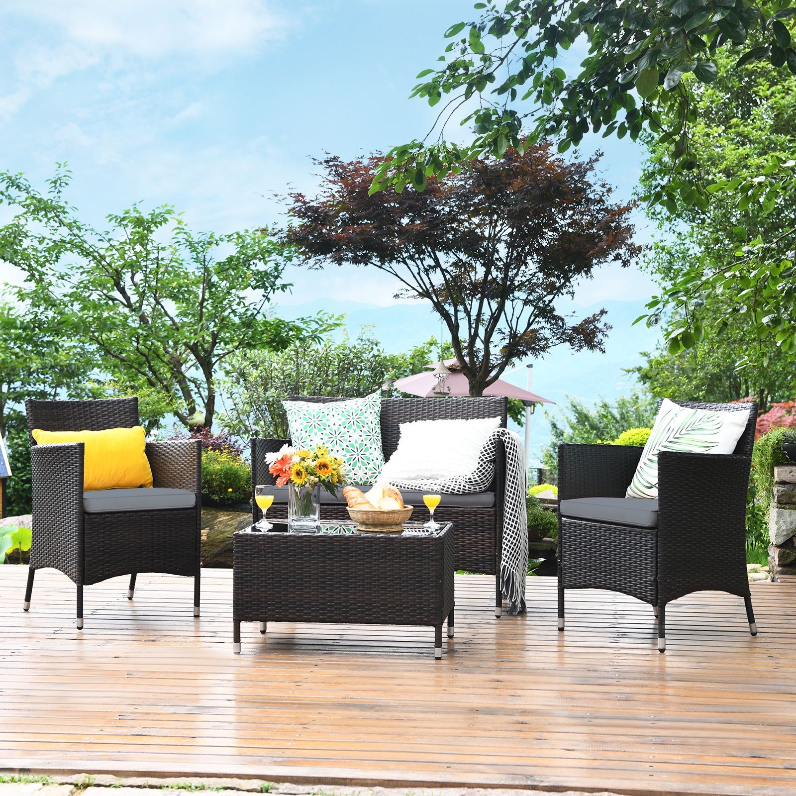 Mondawe 4 Pcs Rattan Outdoor Patio Conversation Furniture Set with Glass Table and Comfortable Wicker Sectional Sofa-Mondawe