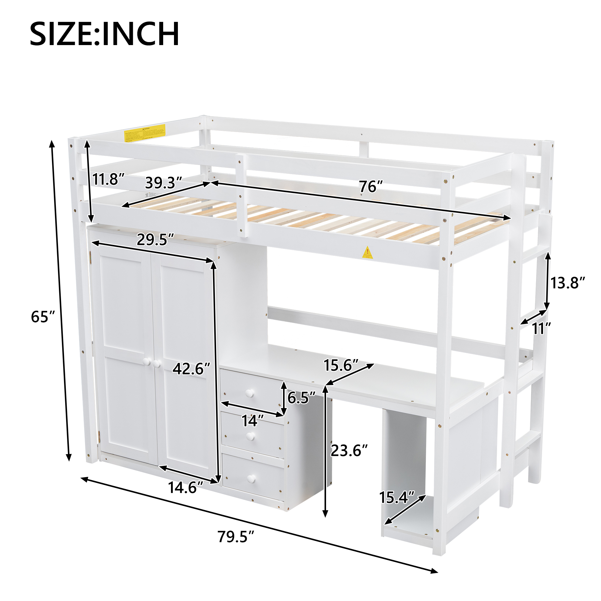 Full/Twin Size Loft Bed with Wardrobe, Desk and Storage Drawers, Gray/White