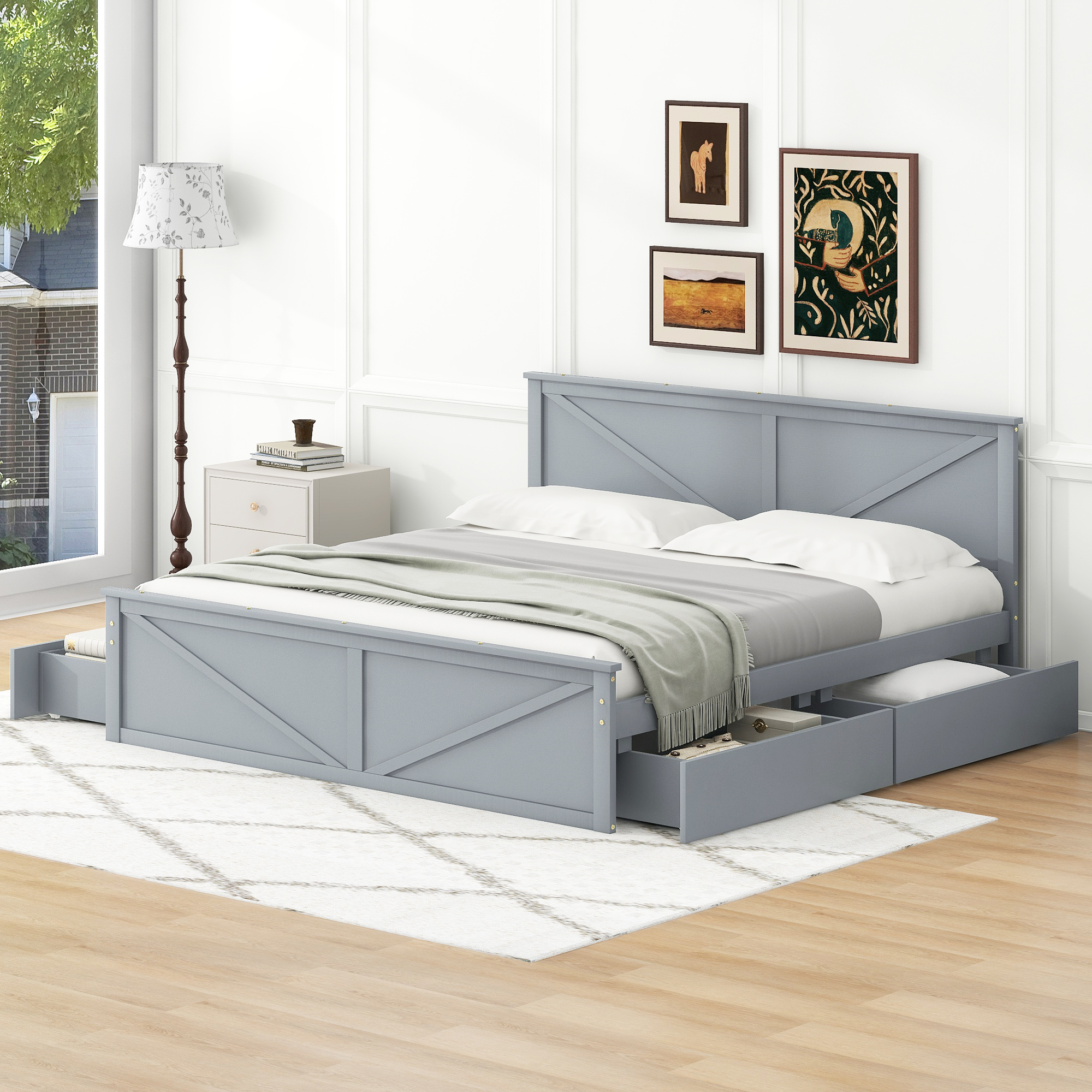 King/Queen Size Wooden Platform Bed with Four Storage Drawers and Support Legs, White/Gray