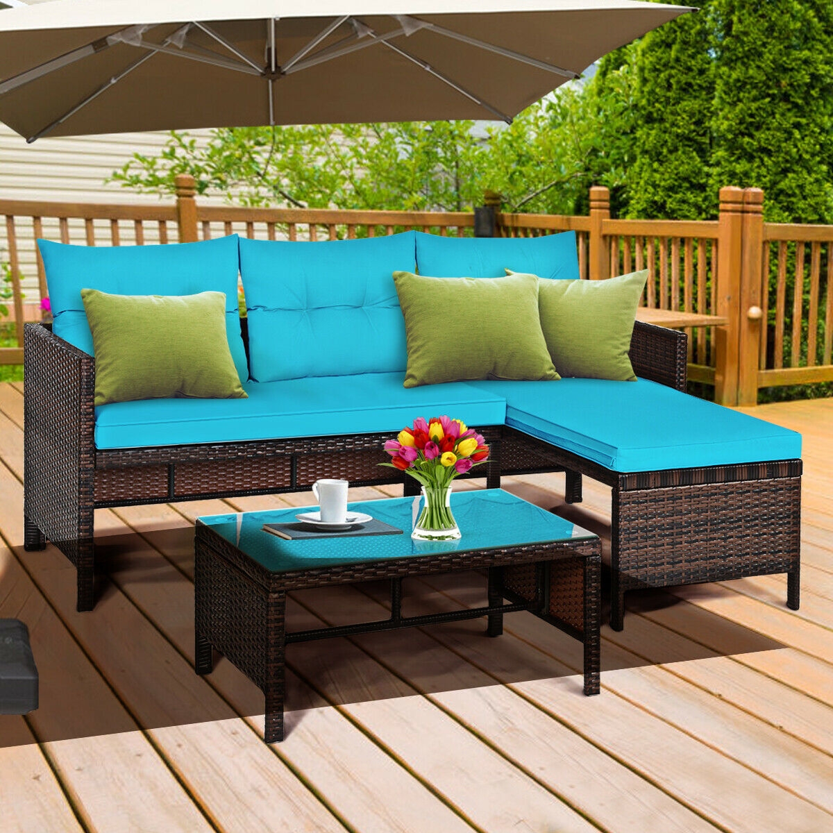 Mondawe 3 Piece Patio Wicker Rattan Sofa Set-Turquoise-Mondawe