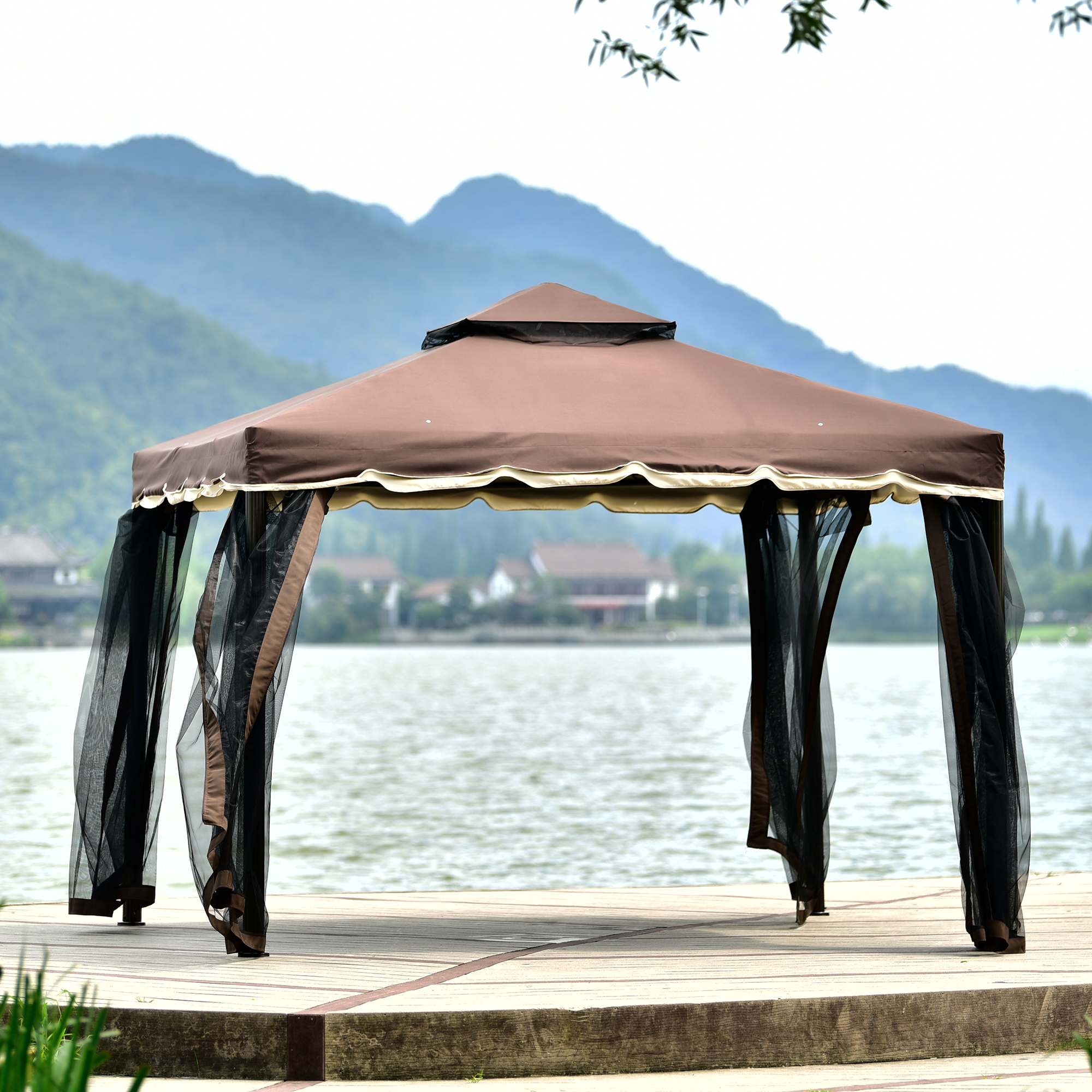 Mondawe 9.8Ft. Wx9.8Ft.L Outdoor Iron Vented Dome Top Patio Gazebo with Netting for Backyard Poolside and Deck Brown-Mondawe